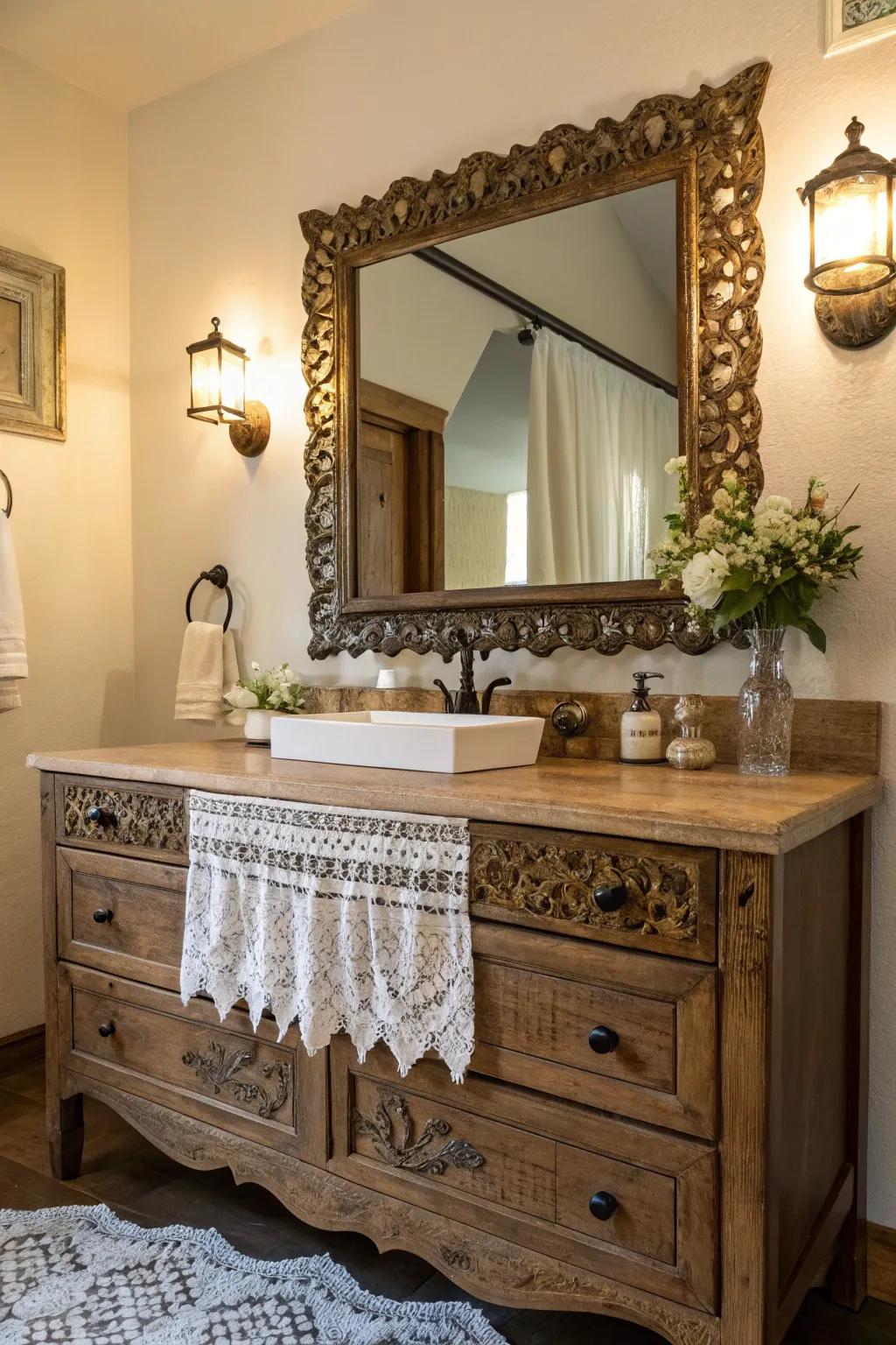 An ornamental mirror serves as a stunning focal point.
