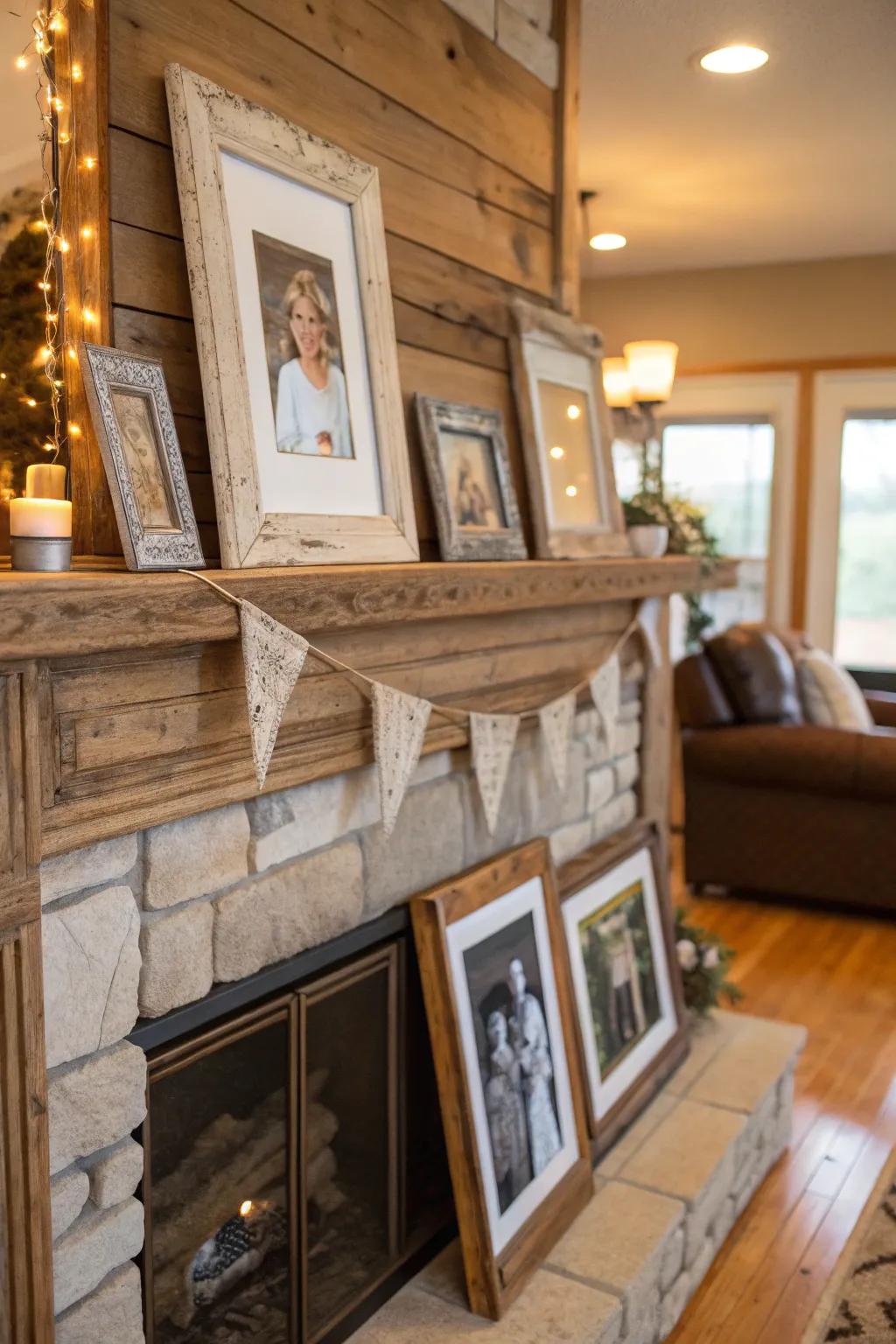 Family photos add a personal and heartfelt touch to the mantel.