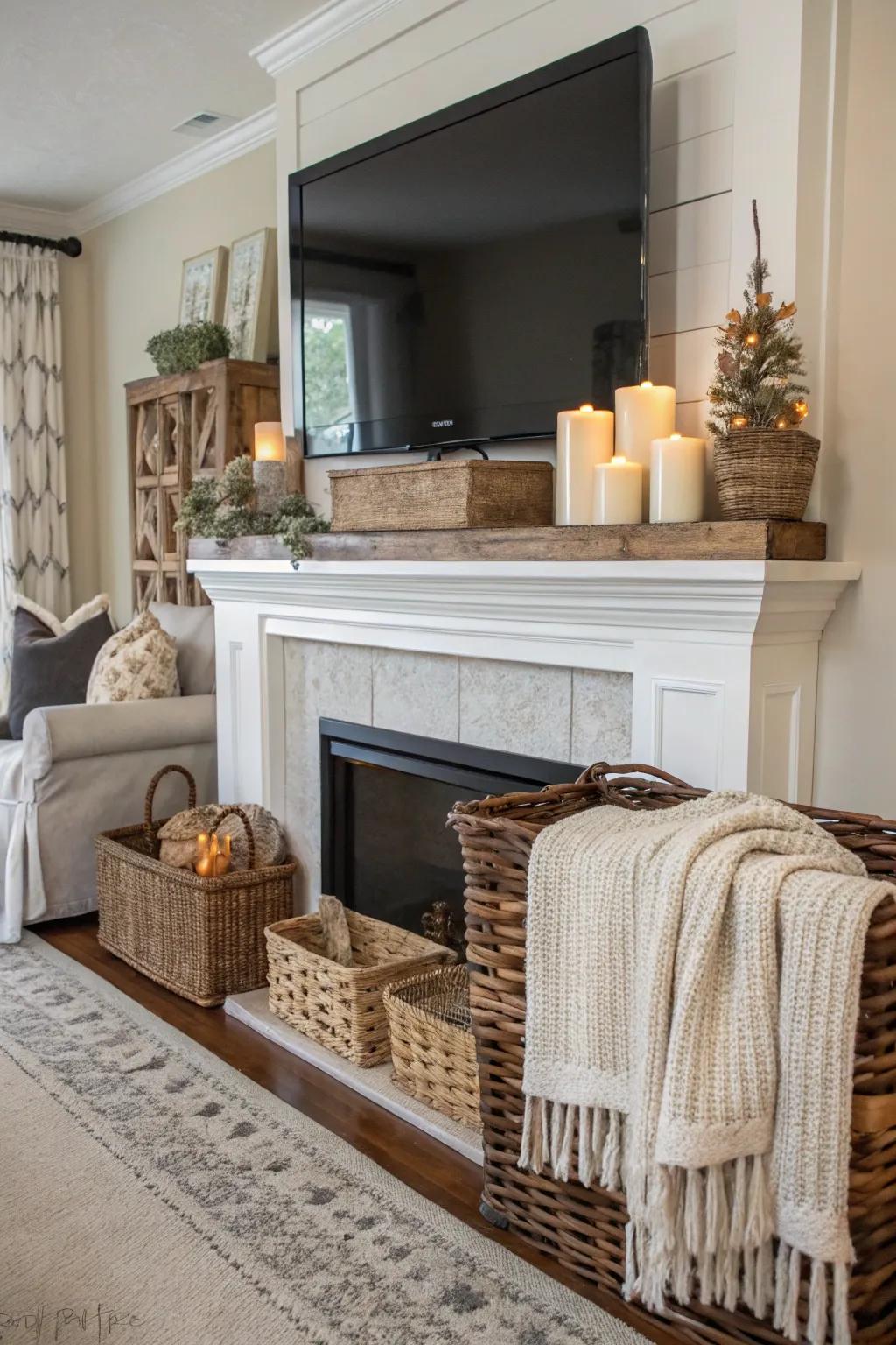 A layered presentation on a farmhouse mantel beneath a TV, showcasing bins and plush textiles.