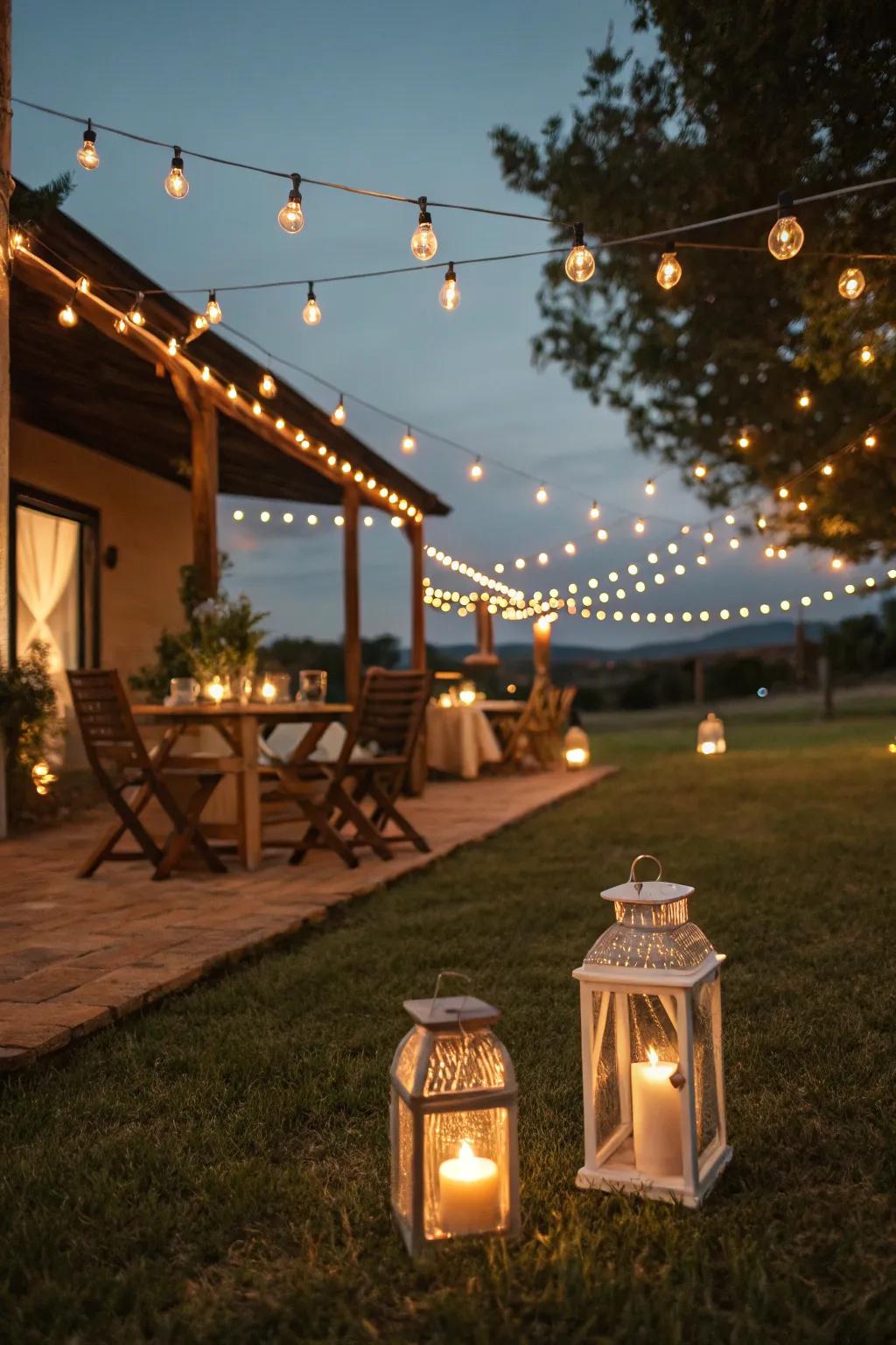 Ambient lighting from lanterns and string lights creates a cozy atmosphere.