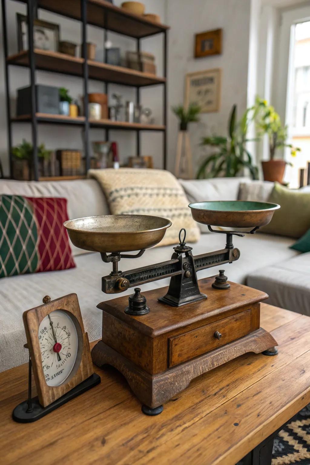 Layered textures near a retro scale for extra charm.