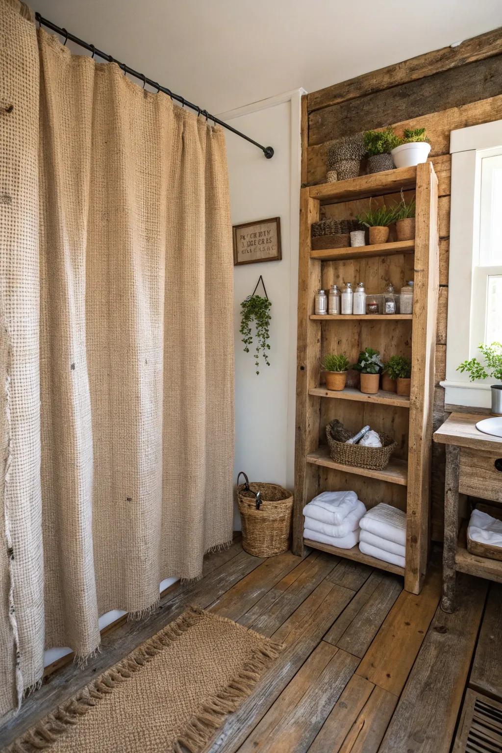 A rustic bathroom showcasing a braided burlap shower curtain and timber shelves.