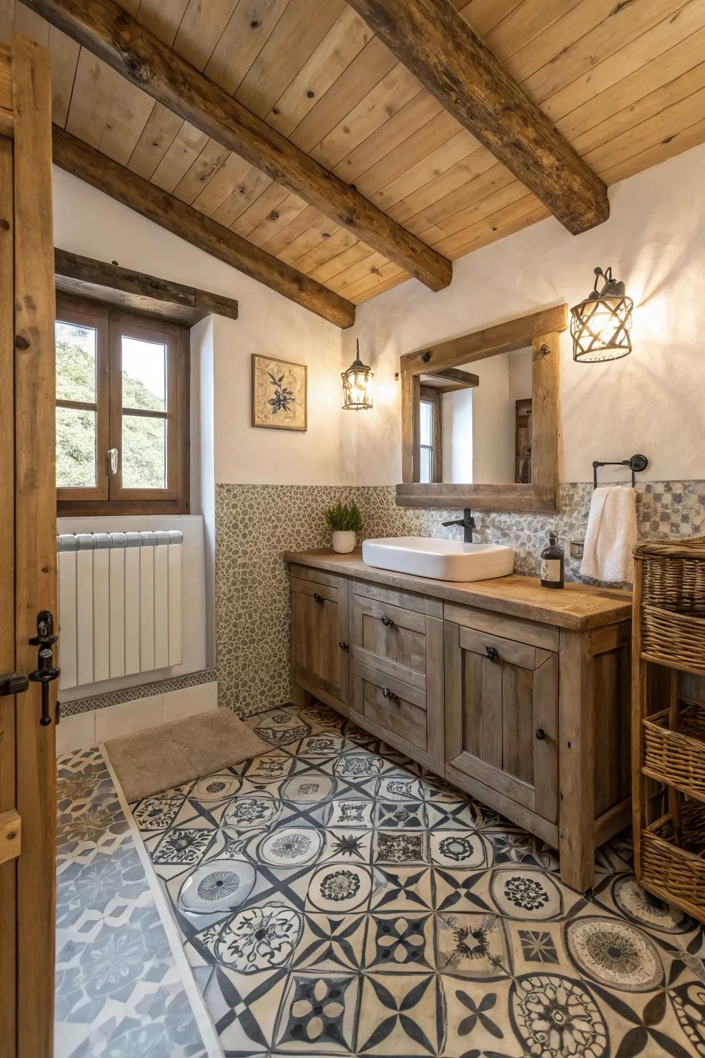 Decorative tiles add visual flair and beauty to this small bathroom.