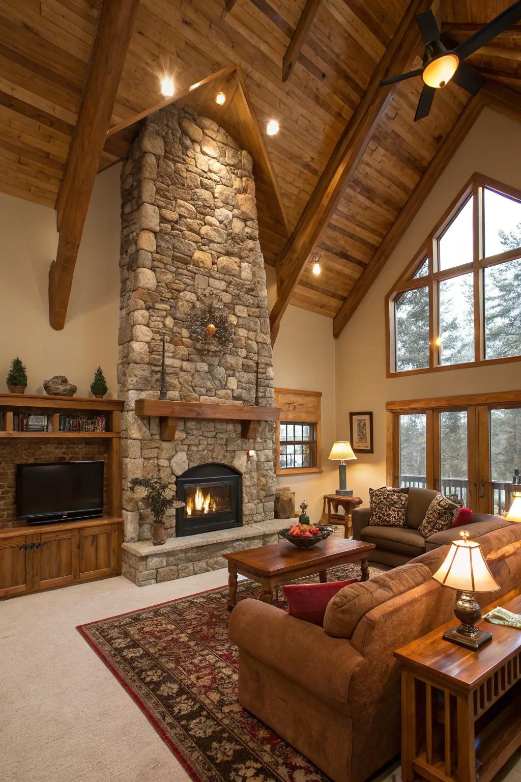 A theatrical floor-to-ceiling stone fireplace set within a cozy living space.