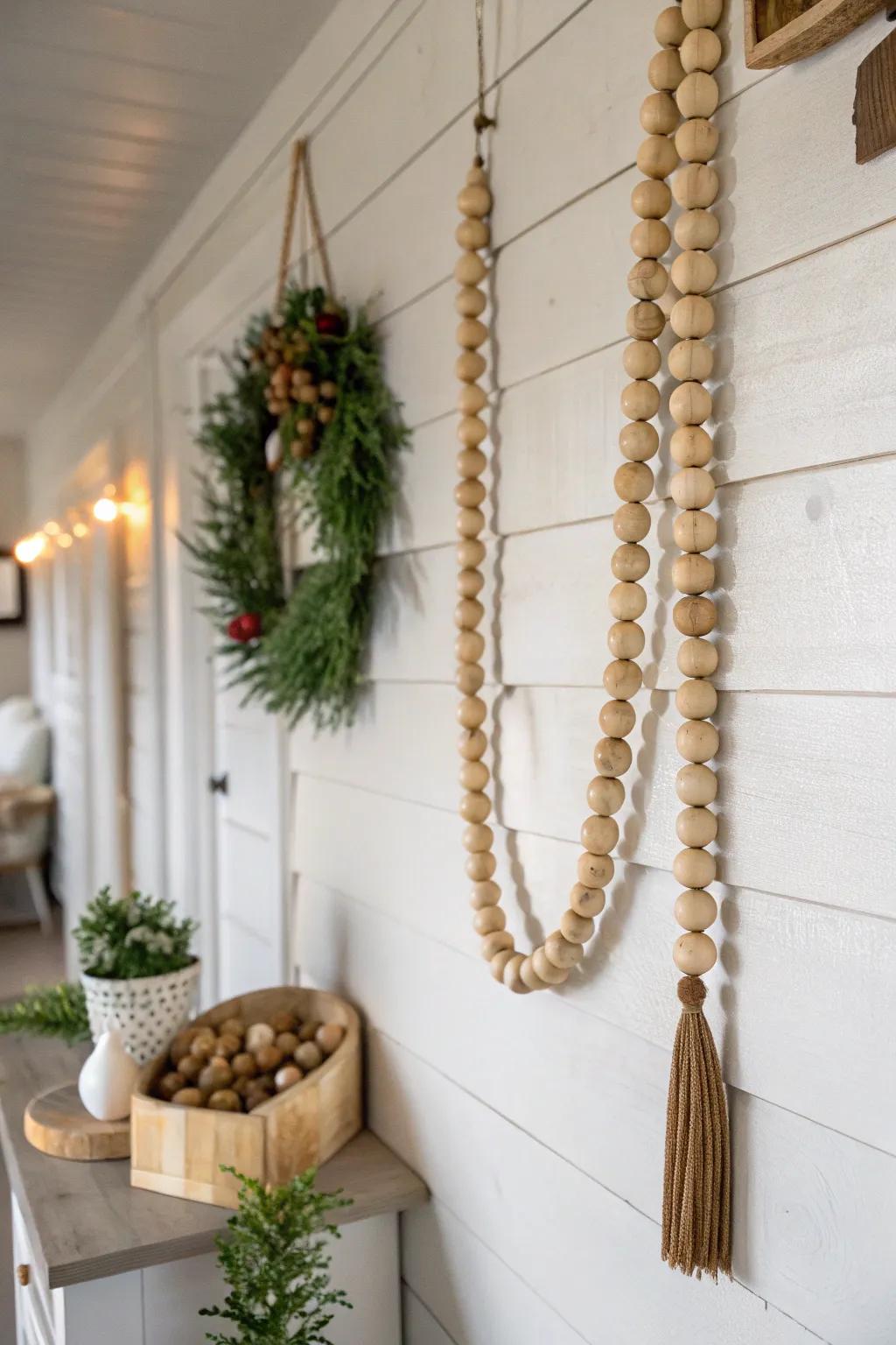 Beaded strand displayed as fashionable wall d&eacute;cor.