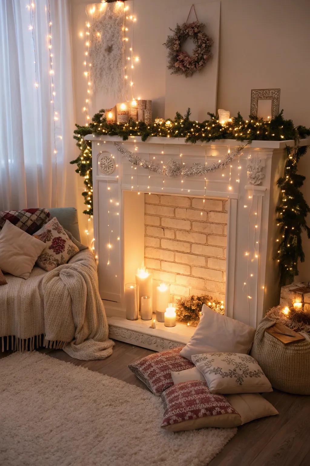 A show fireplace sparkling with fairy lights.