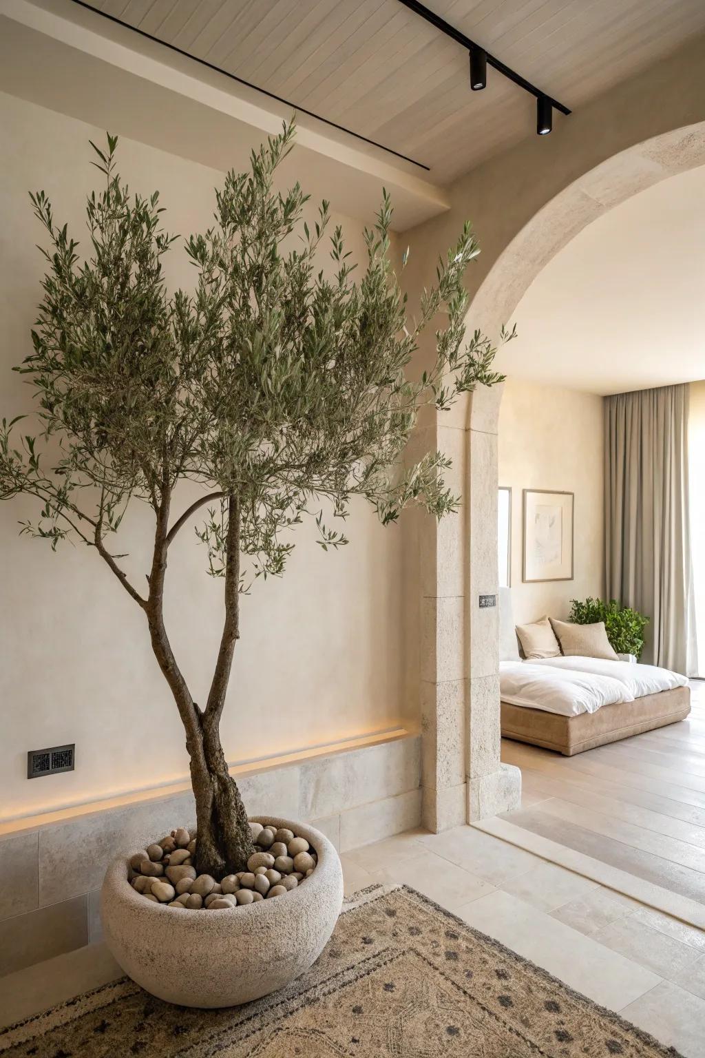 Highlight minimalist d&eacute;cor with a faux olive tree.