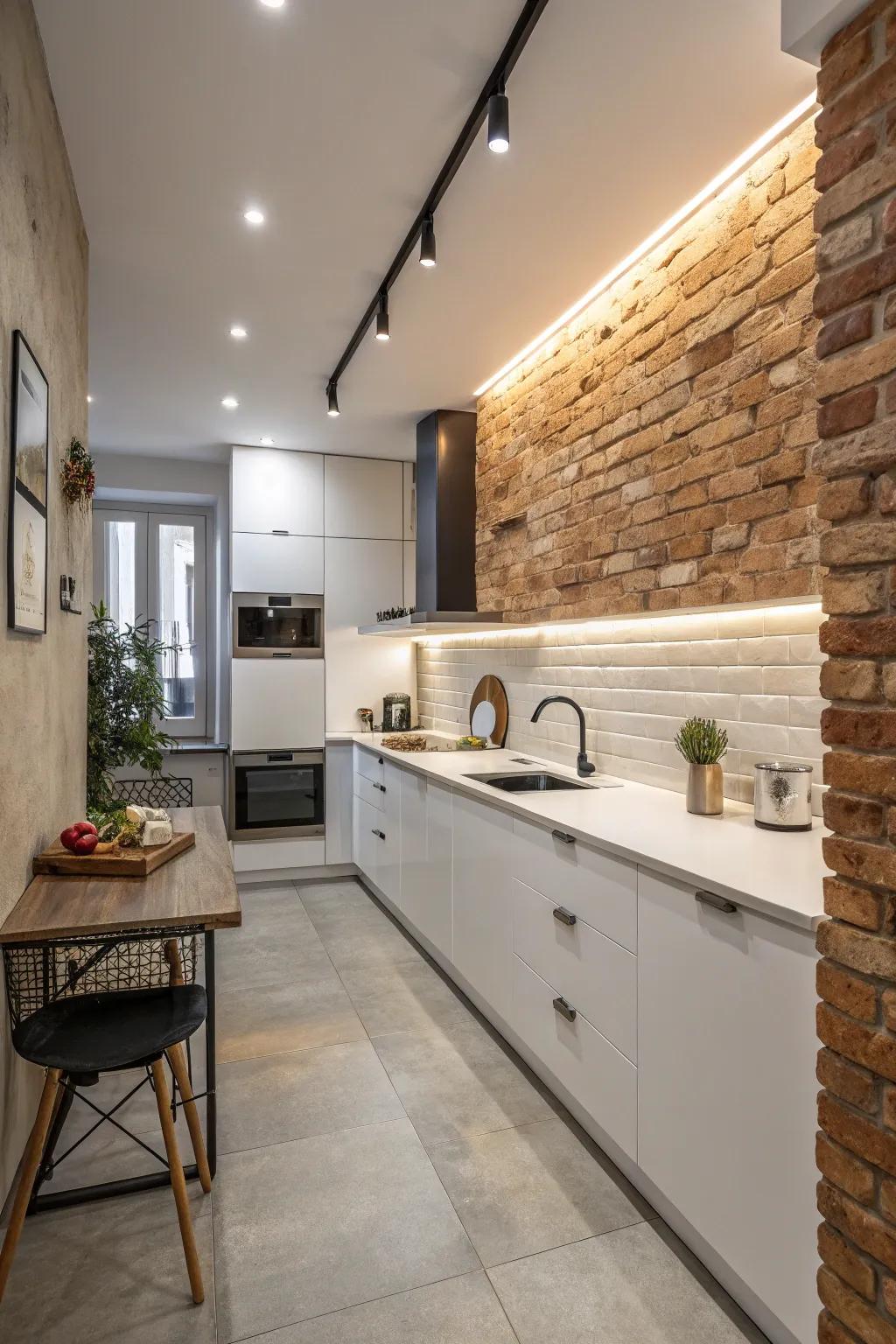 A bare brick wall introduces rustic appeal to this cooking area.