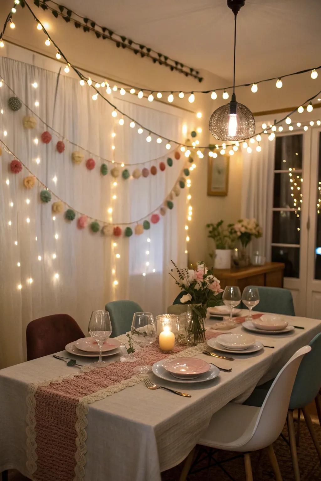Felt garlands combined with lights give eating spaces a sense of refinement and warmth.