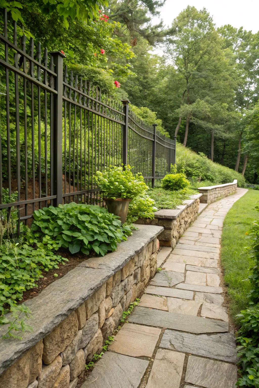 Hardscape aspects append structure and visual intrigue to your fence line.