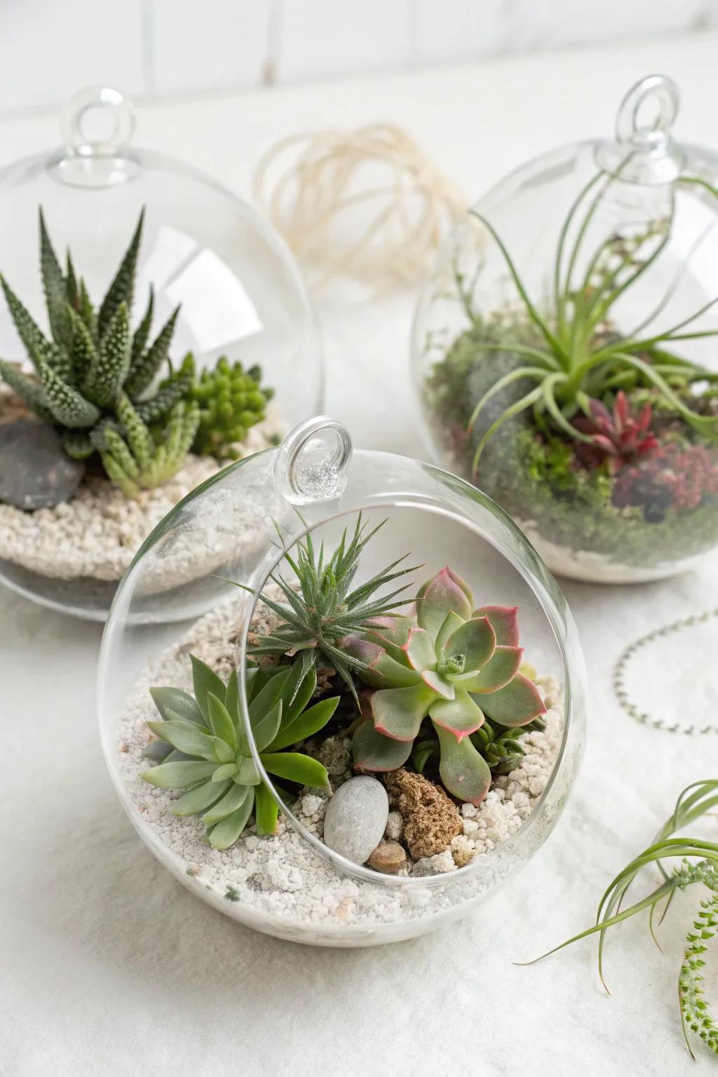 Mini terrarium ornaments featuring lively succulents and airy plants.
