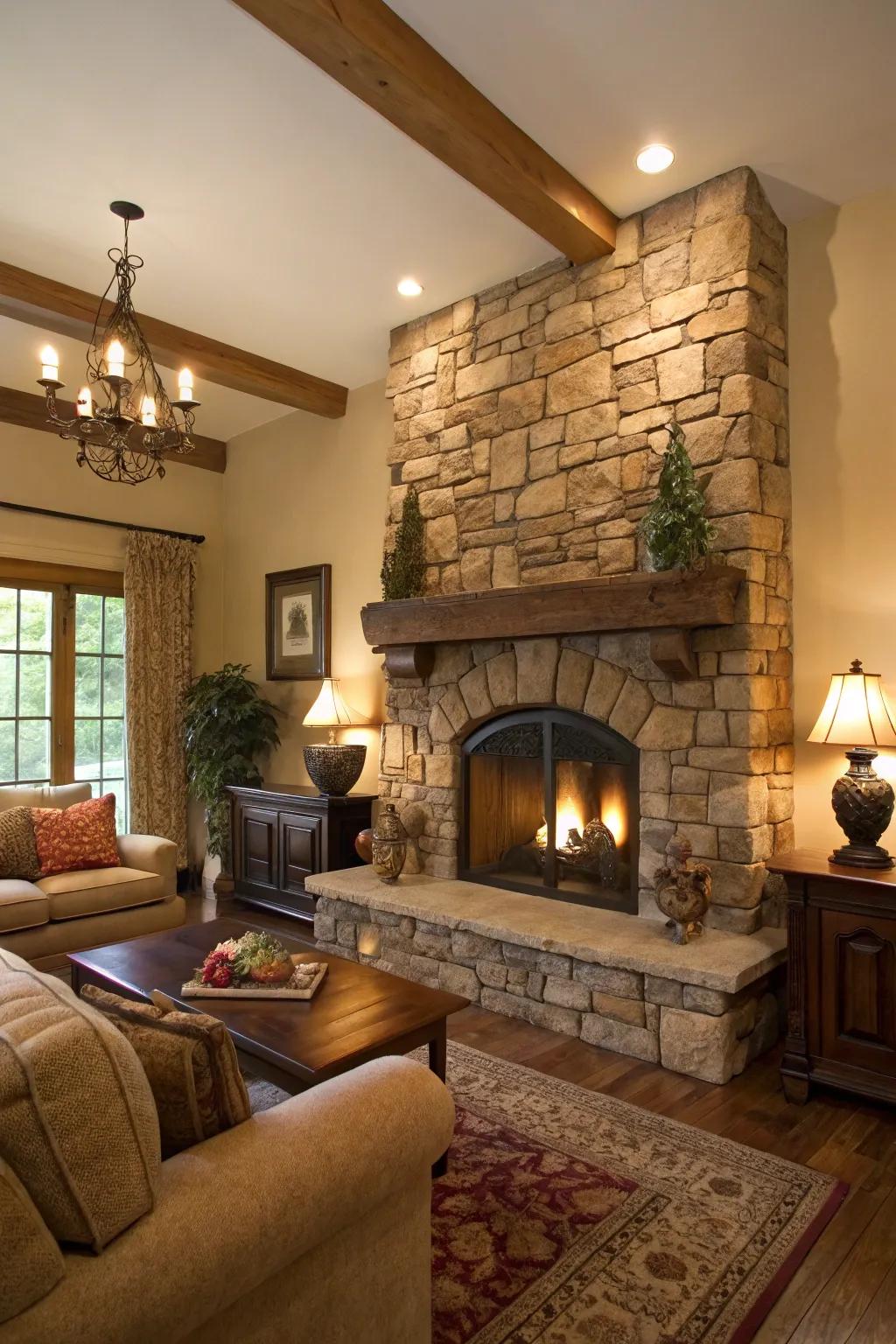 A living area featuring a rustic stone fireplace casing, adding timeless appeal.