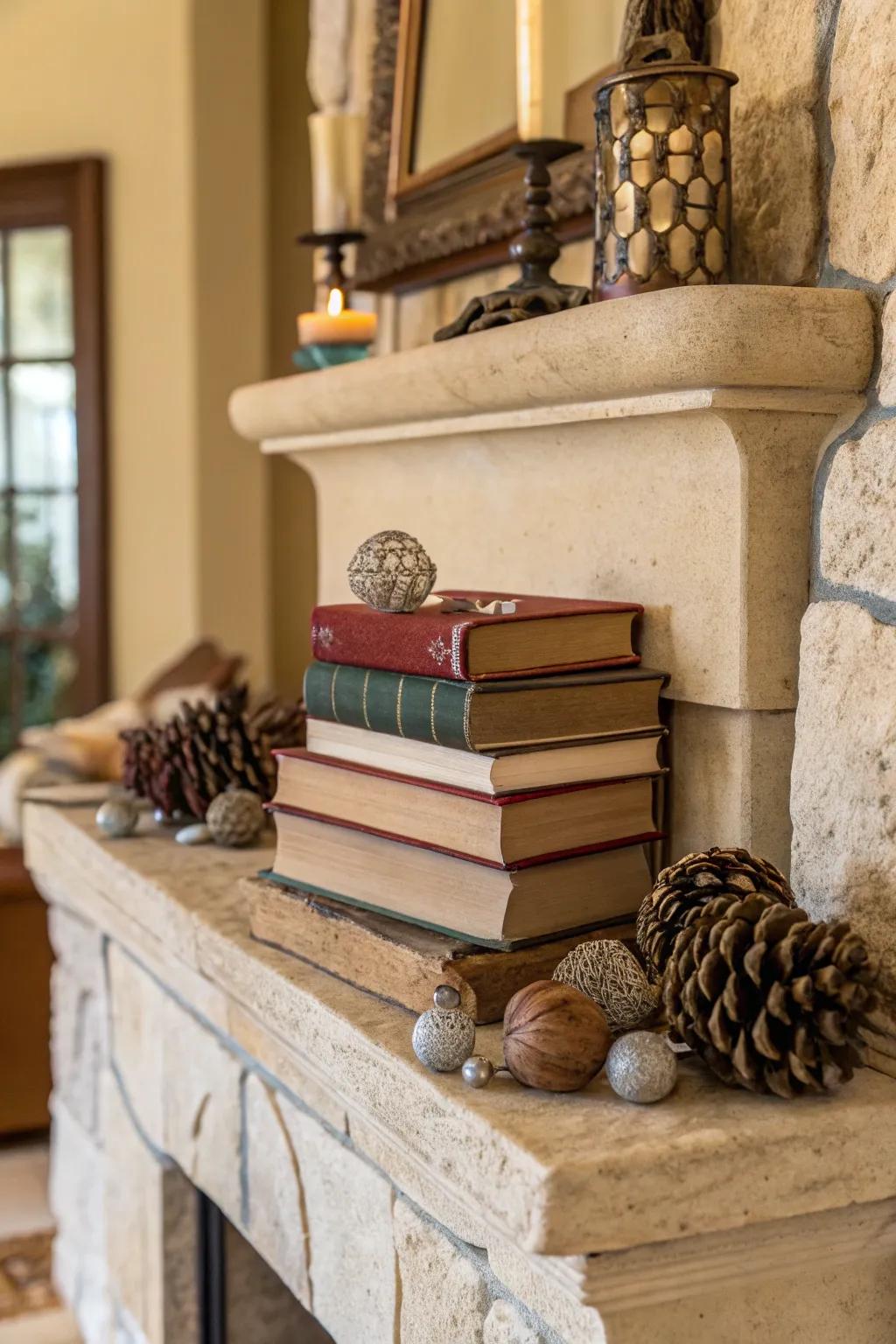 Literary works and figurines deliver a curated, intimate accent to the mantel.