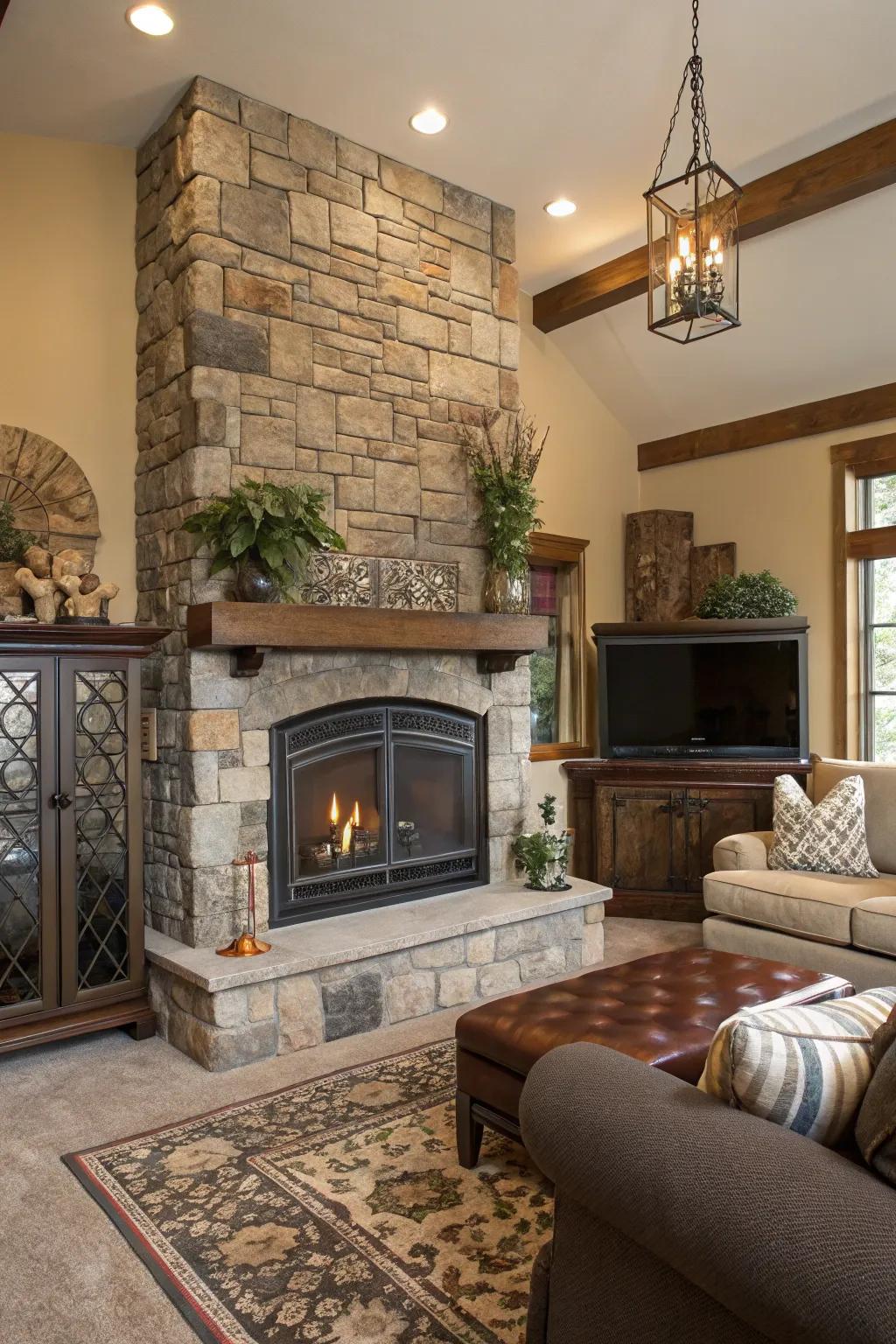 A textured living space featuring a central fireplace in contrasting stone and metal materials.