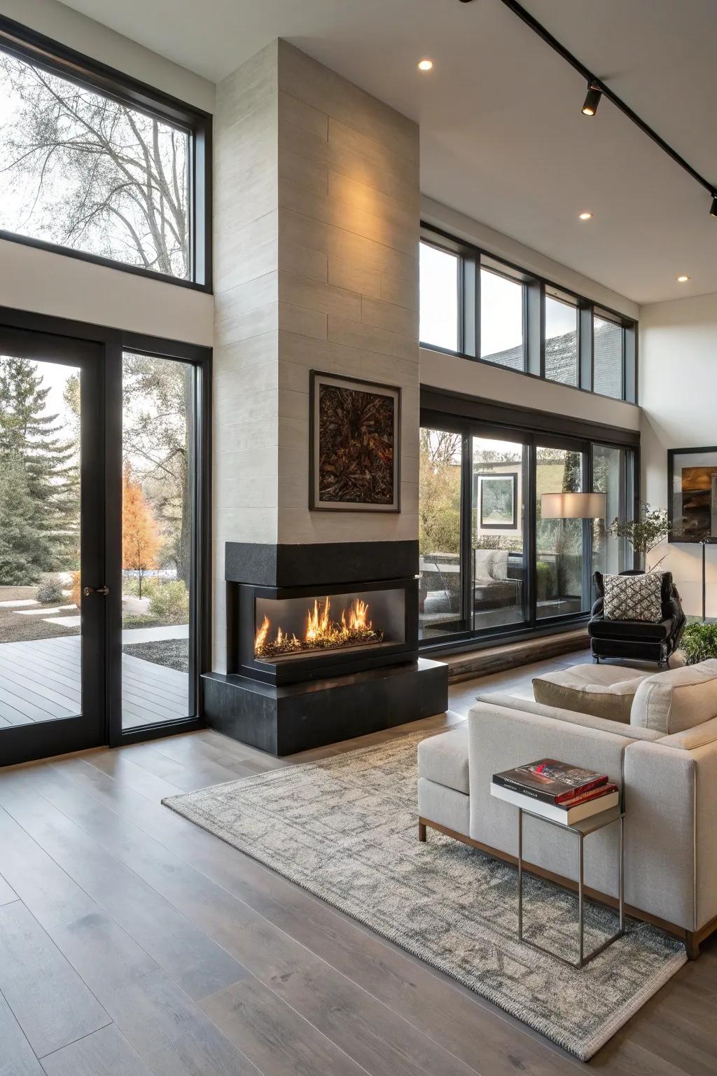 See-through fireplaces warm and visually connect different spaces.