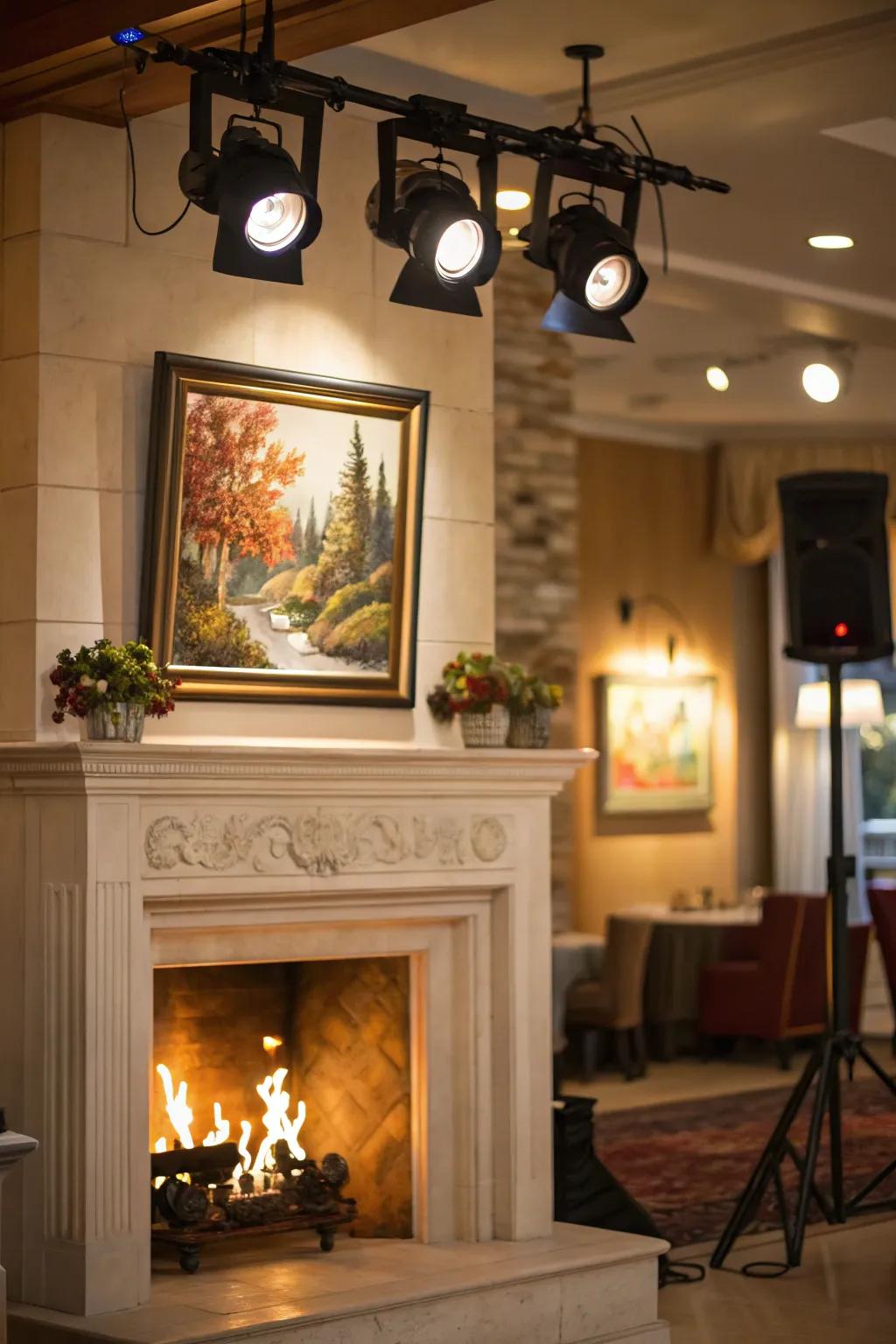 Spotlights enhance decorative features surrounding the fireplace.