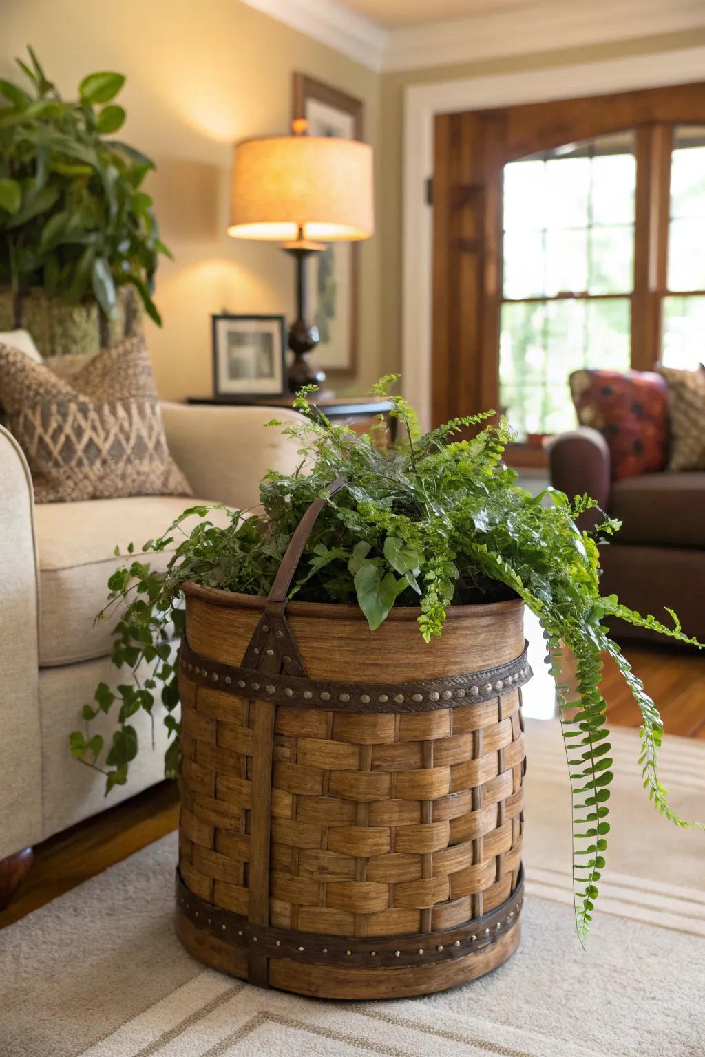 Fishing baskets are charming and whimsical flower pots.