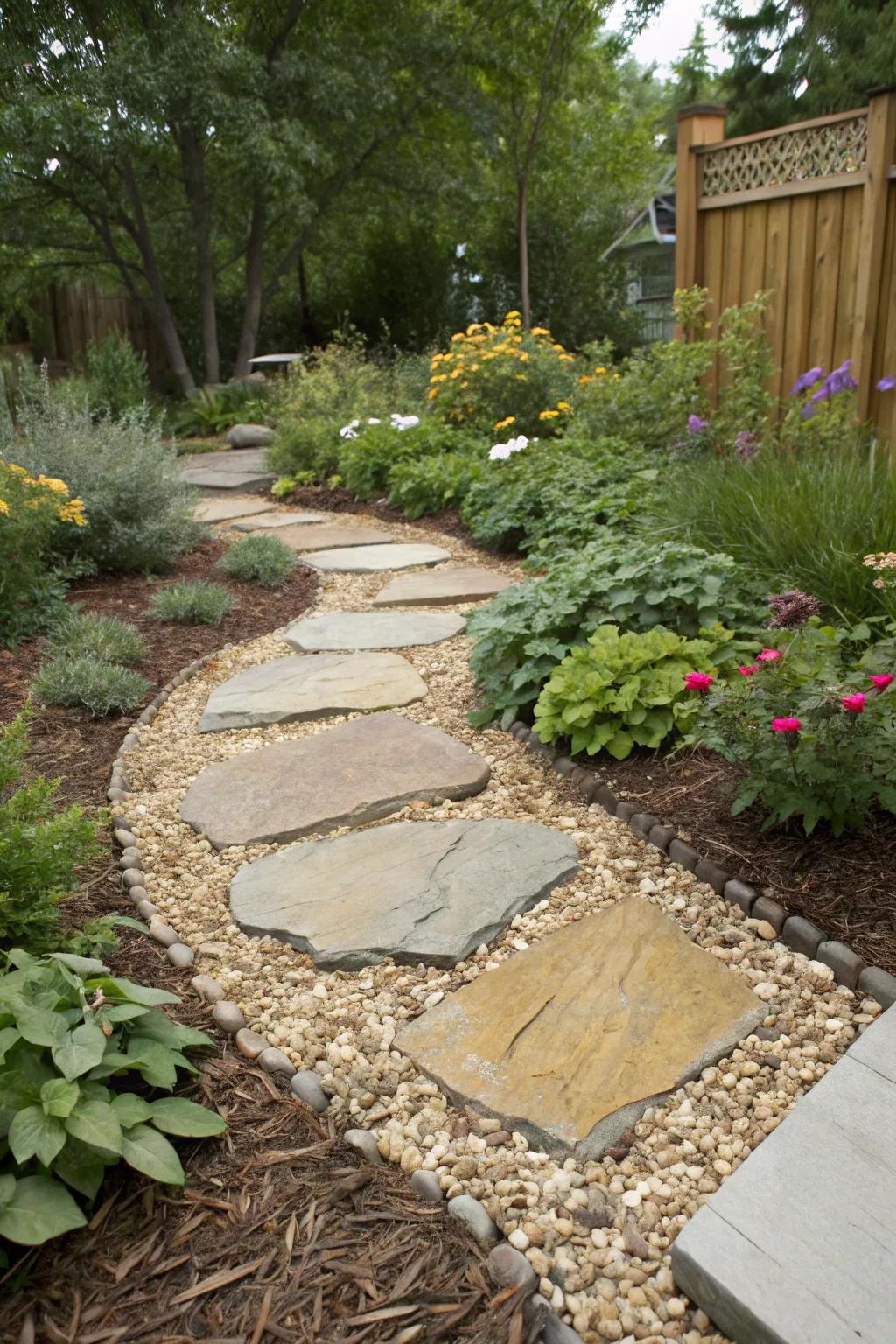 Flagstone matched with pebbles and mulch for a textured appearance.