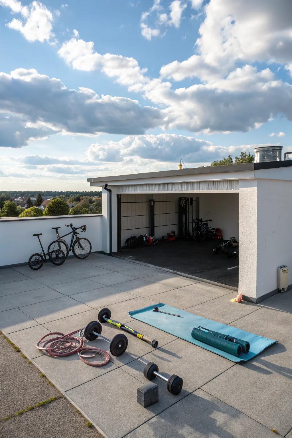 A rooftop fitness center on a flat roof garage provides a distinctive and motivating workout area.