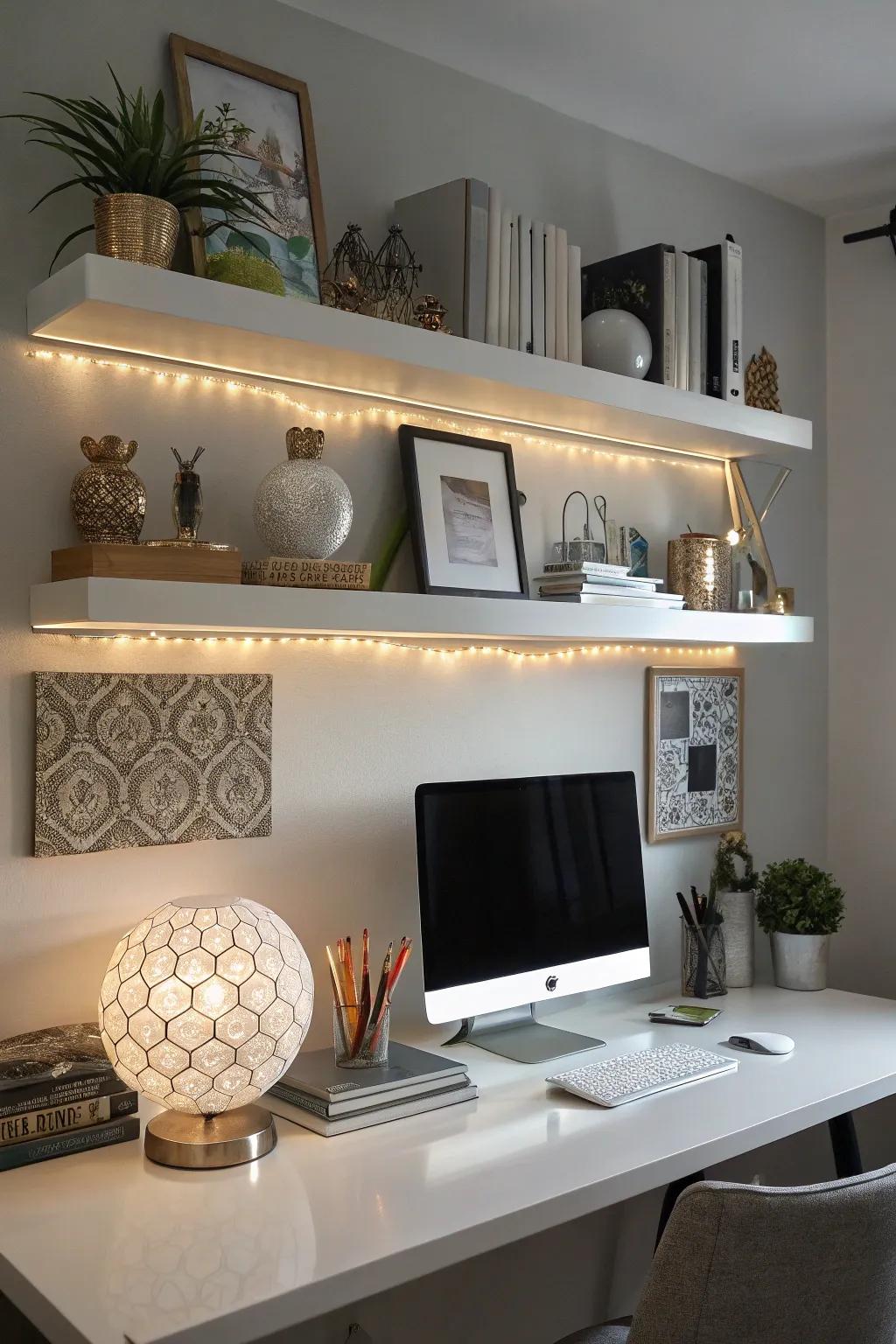 Integrated lighting within floating shelves elevates both functionality and design.