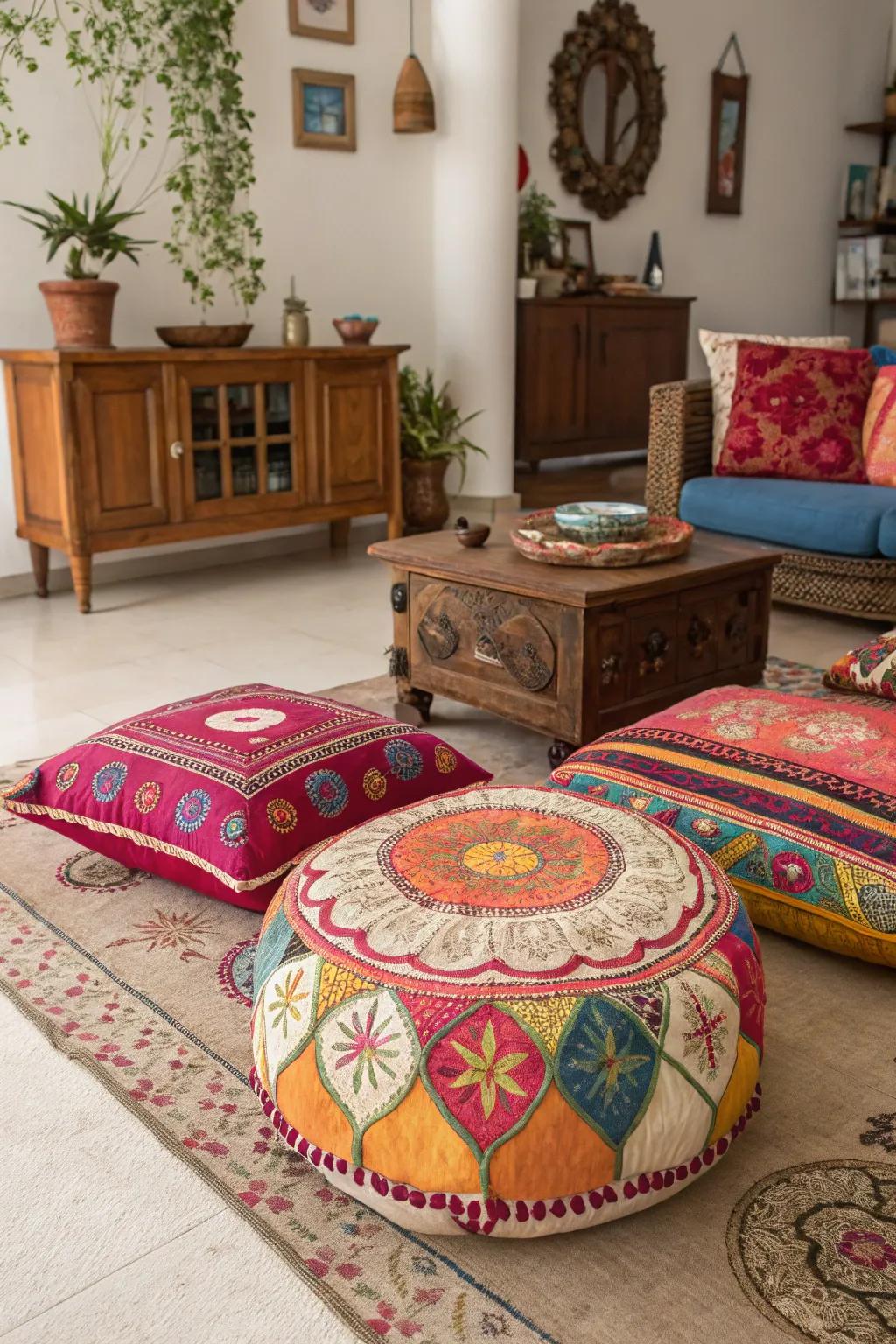 Cultural aspects contribute global charm to your floor seating design.