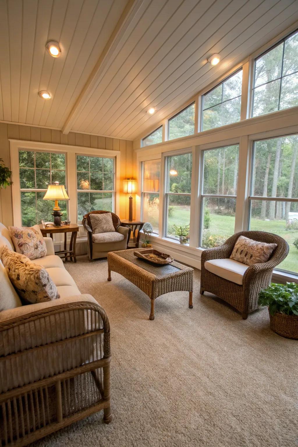 Snug sunroom featuring carpet flooring.