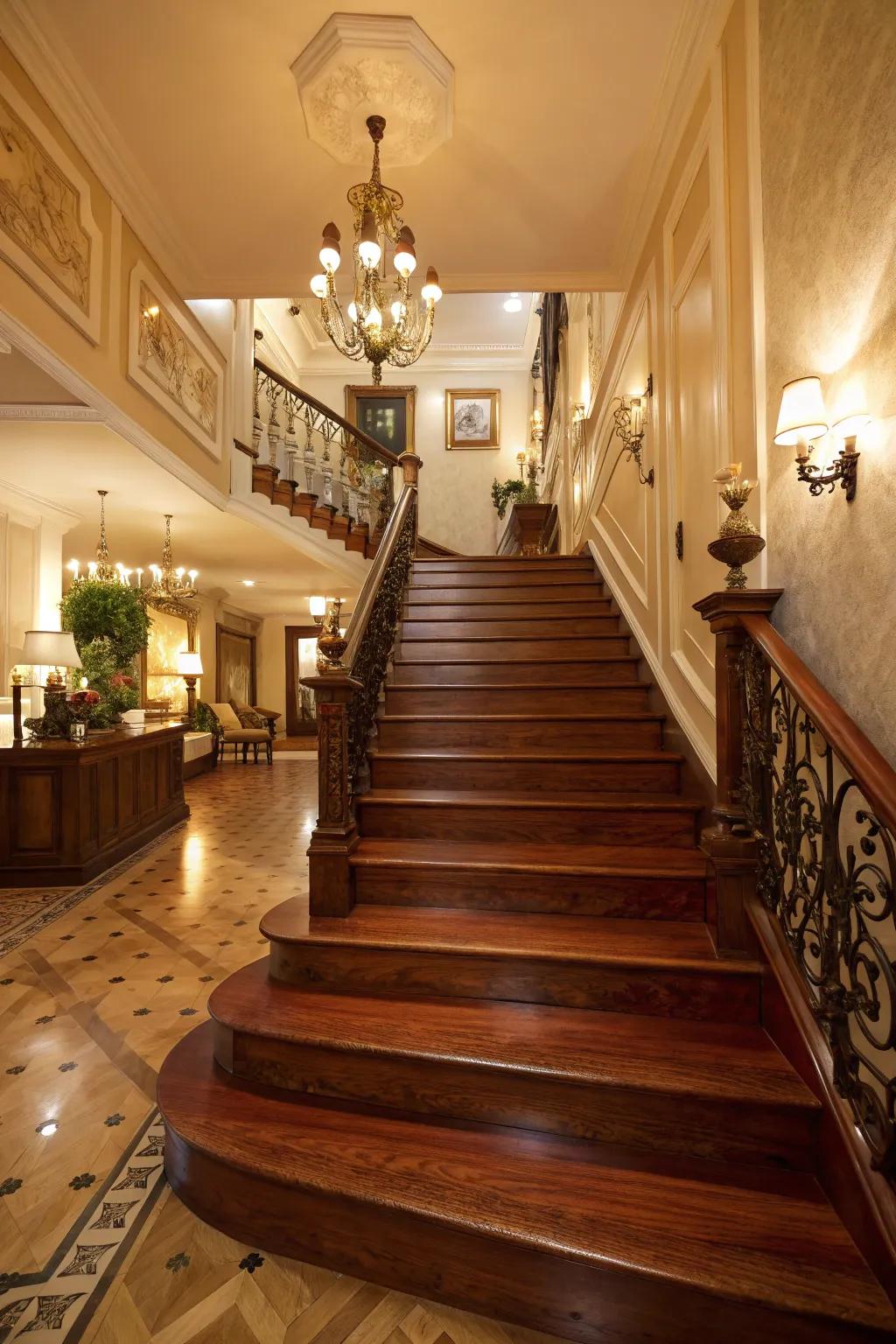 Tinted wood stairs radiate elegance with their deep, lush shades.