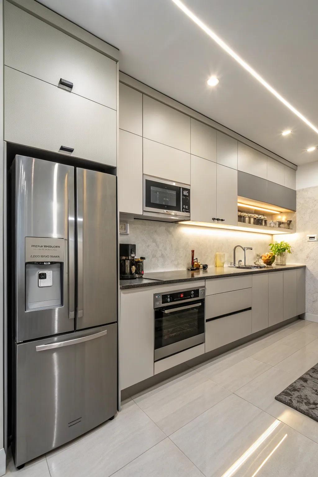 A modern kitchen design featuring clean lines and contemporary fixtures.