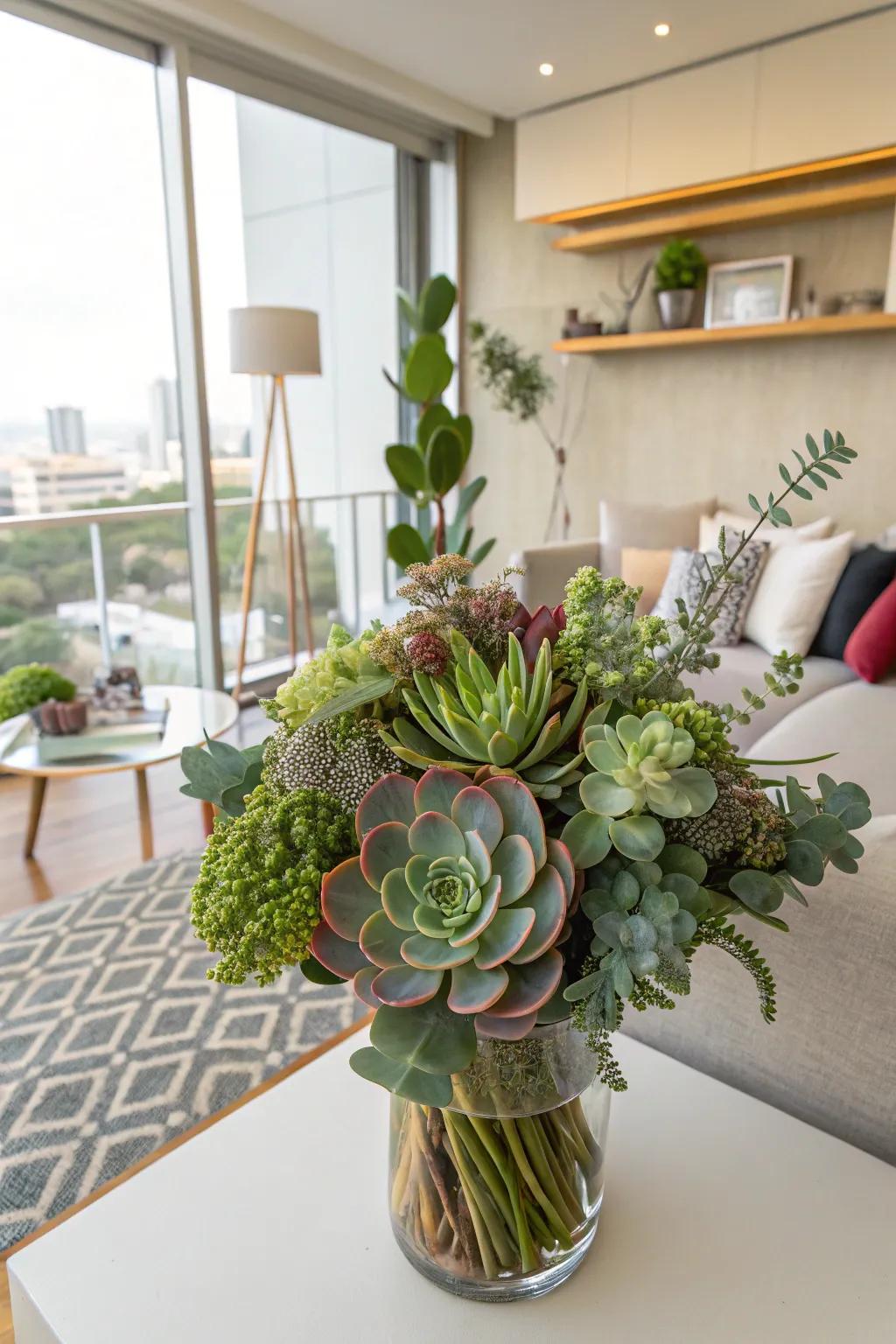 A modern bouquet featuring succulents and greenery for a fresh birthday gift.
