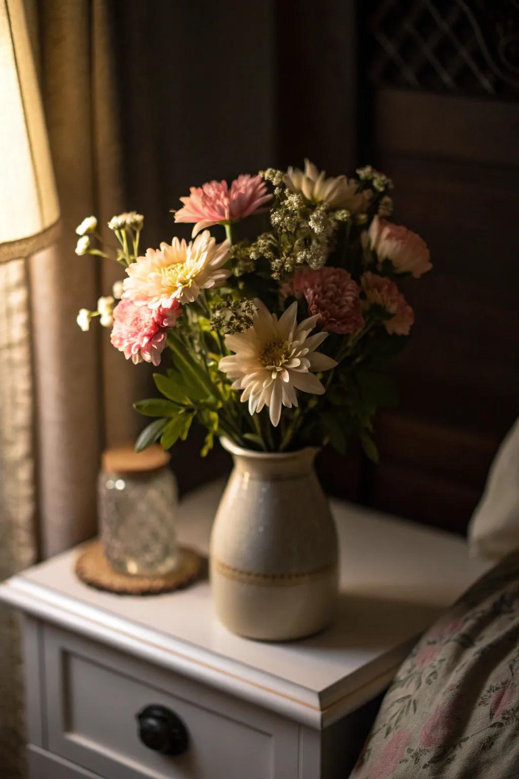 A charming miniature arrangement brightening up a cozy nightstand.