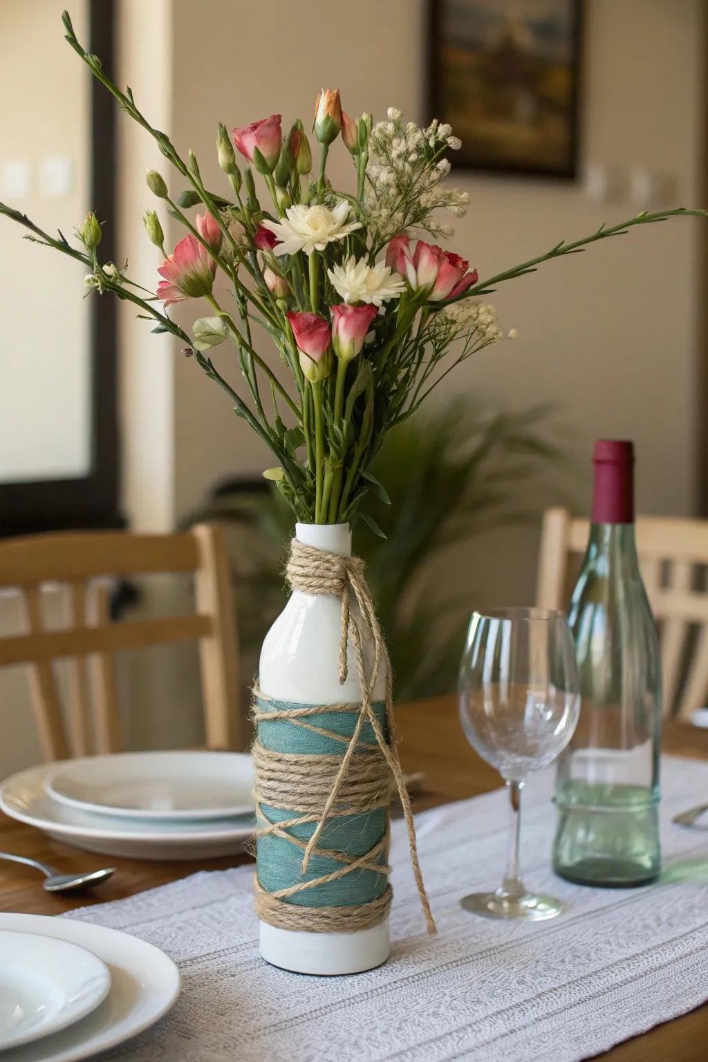 Renew grape juice bottles into lovely containers for long-stemmed flowers.