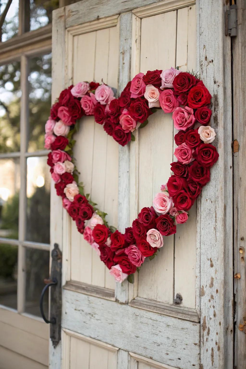 Romantic charm using a heart-shaped rose door piece.