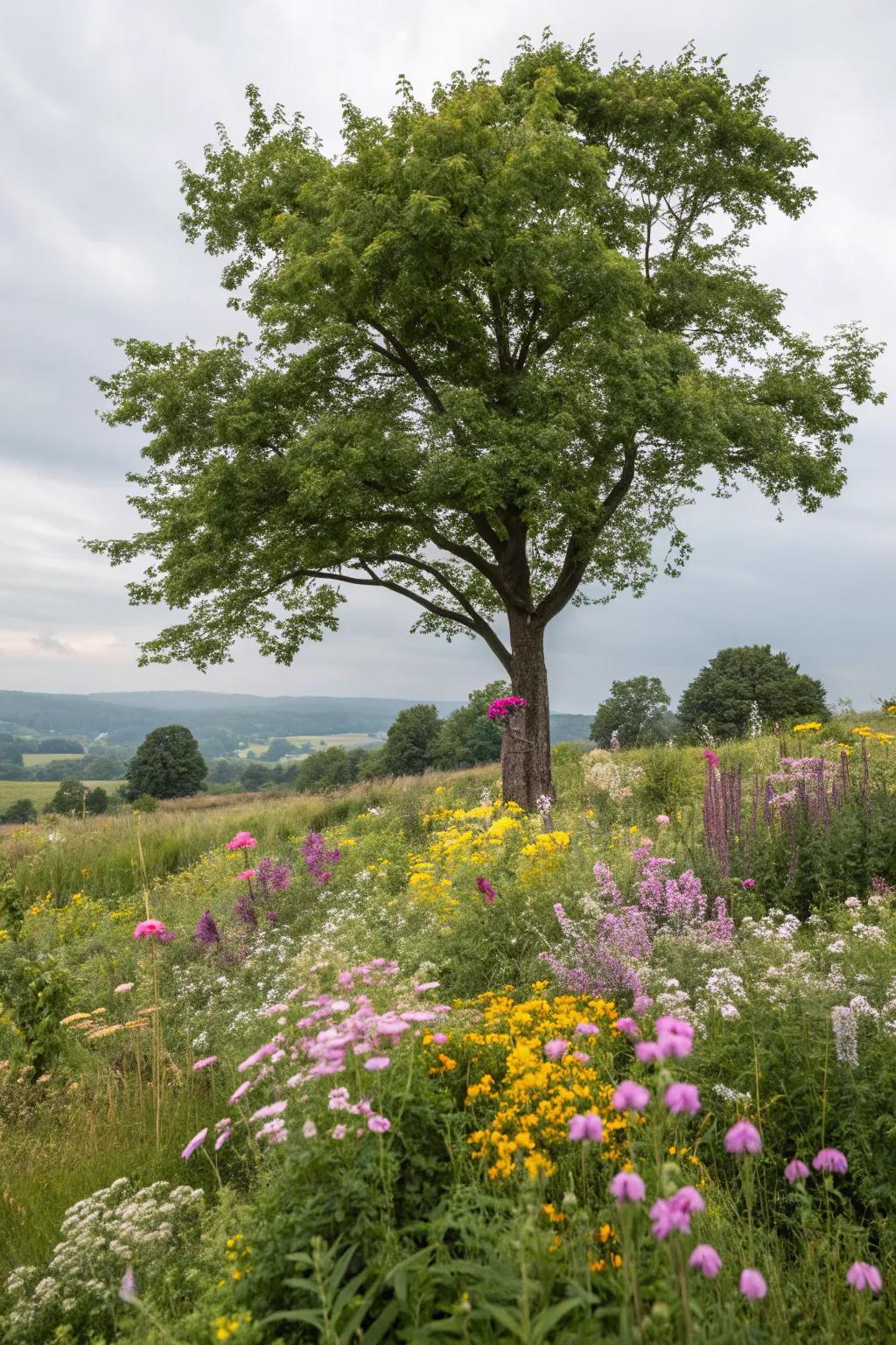 A wildflower garden encompassing a tree, presenting a sanctuary for pollinators.