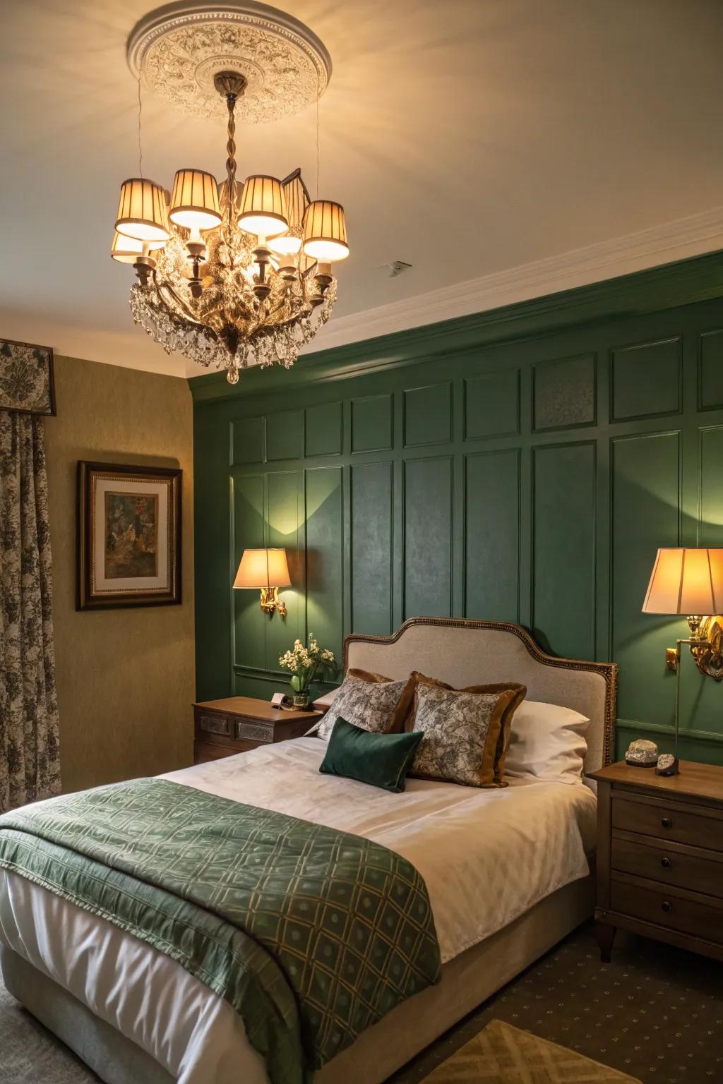 Ambient lighting complements woodland green for a snug sensation.