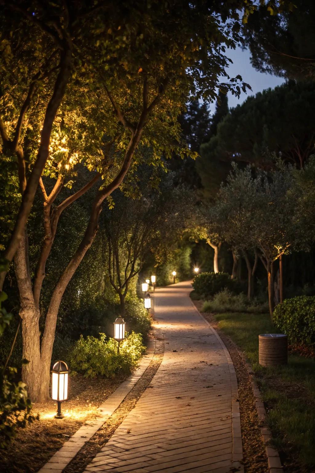 Understated lighting transforms the garden into a captivating nocturnal haven.