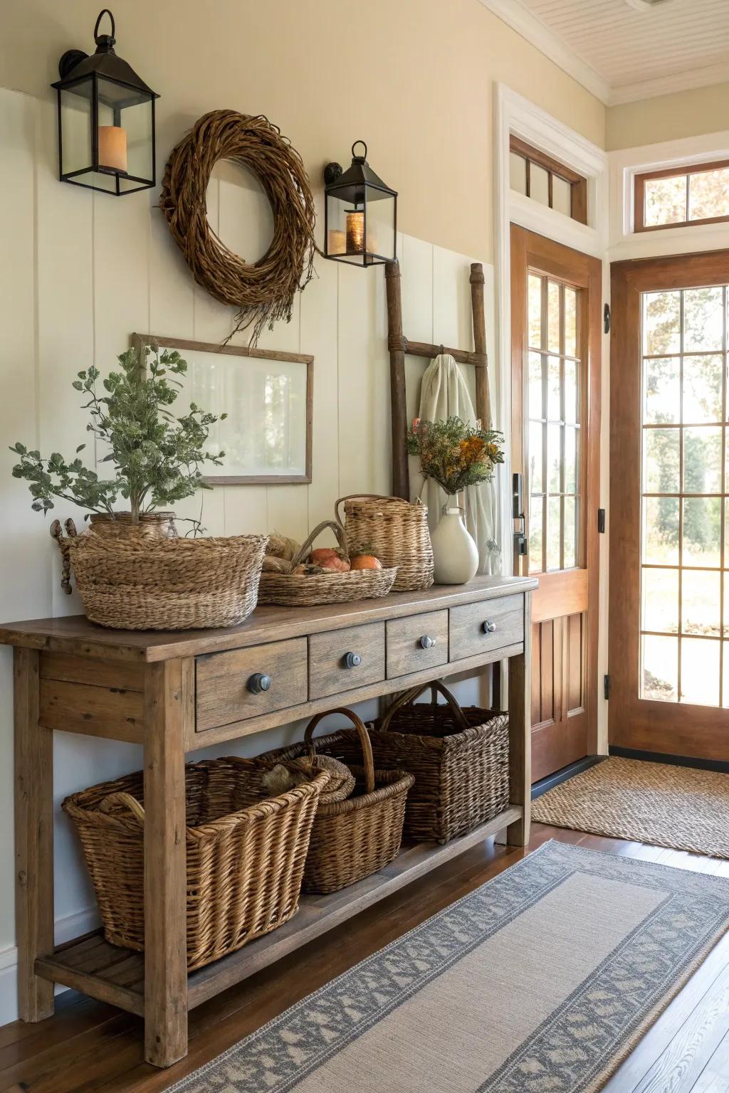 Wicker containers blend style and storage.