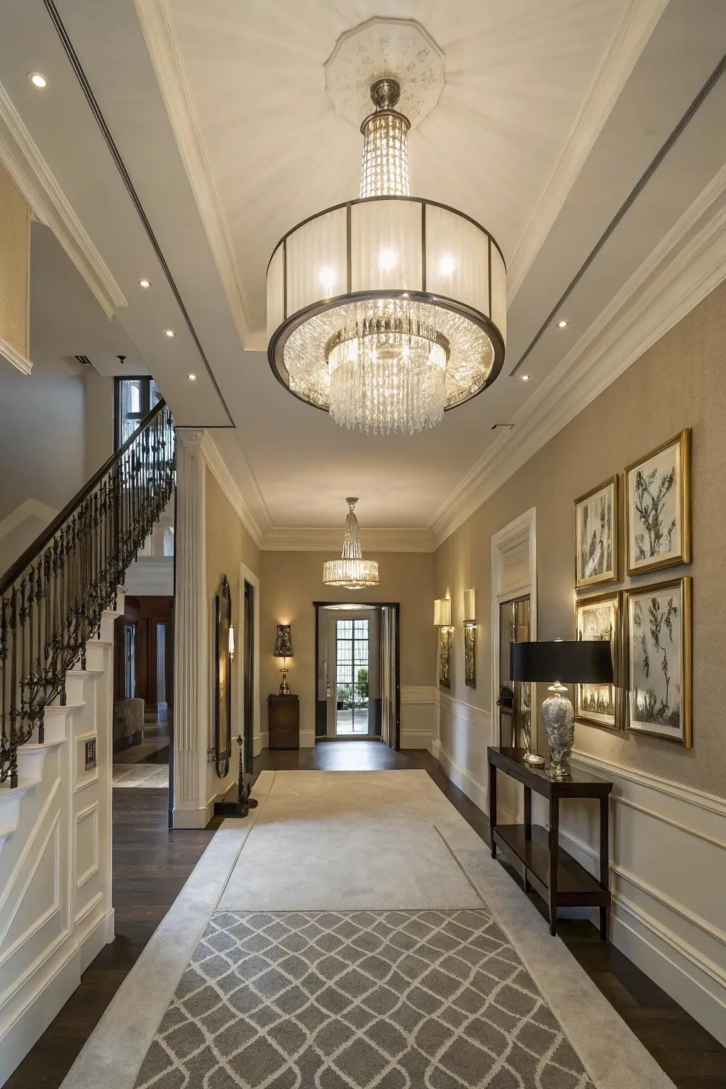 A stunning chandelier serves as the focal point, illuminating the foyer.