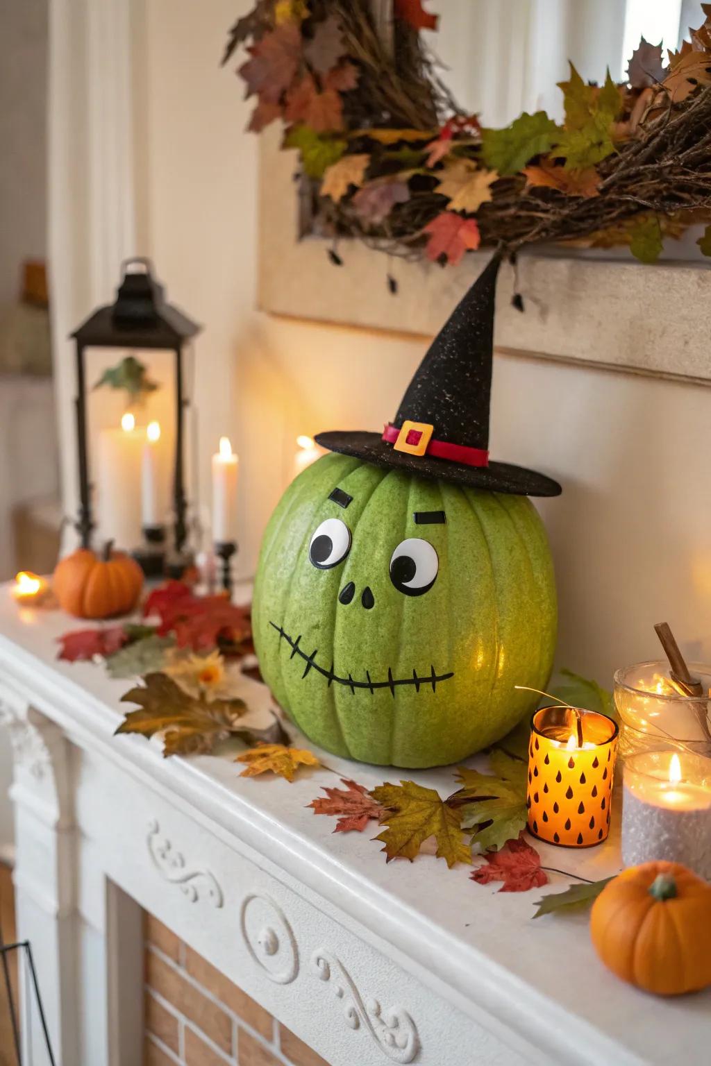 A witch's hat gives your Frankenstein pumpkin a festive touch.