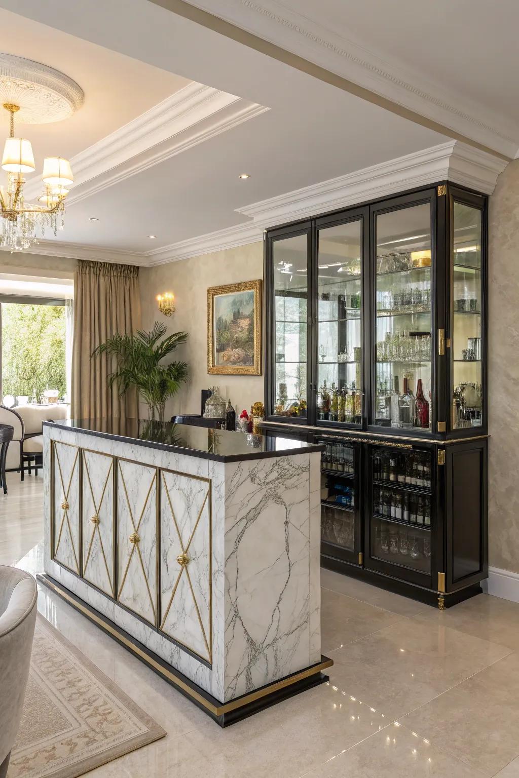 An extravagant bar with marble and glass surfaces radiating classiness.