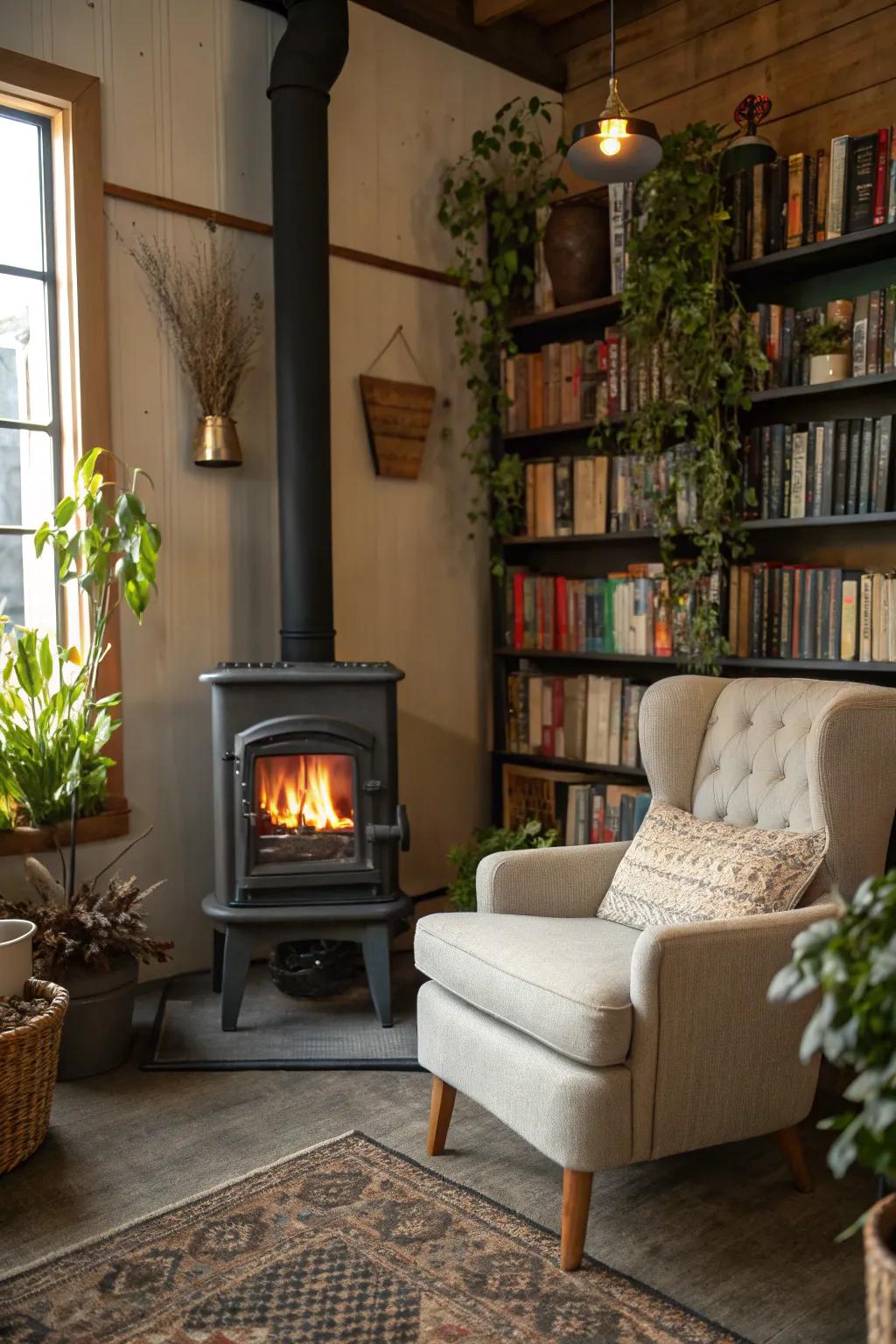 This cozy nook is ideal for reading by the heater.