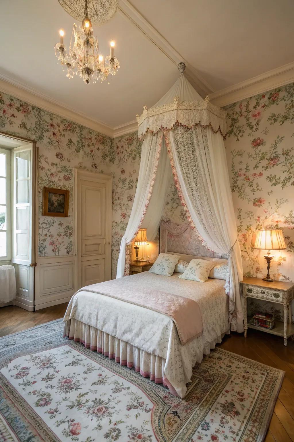 Floral wallpaper adds a touch of whimsy to this French bedroom.