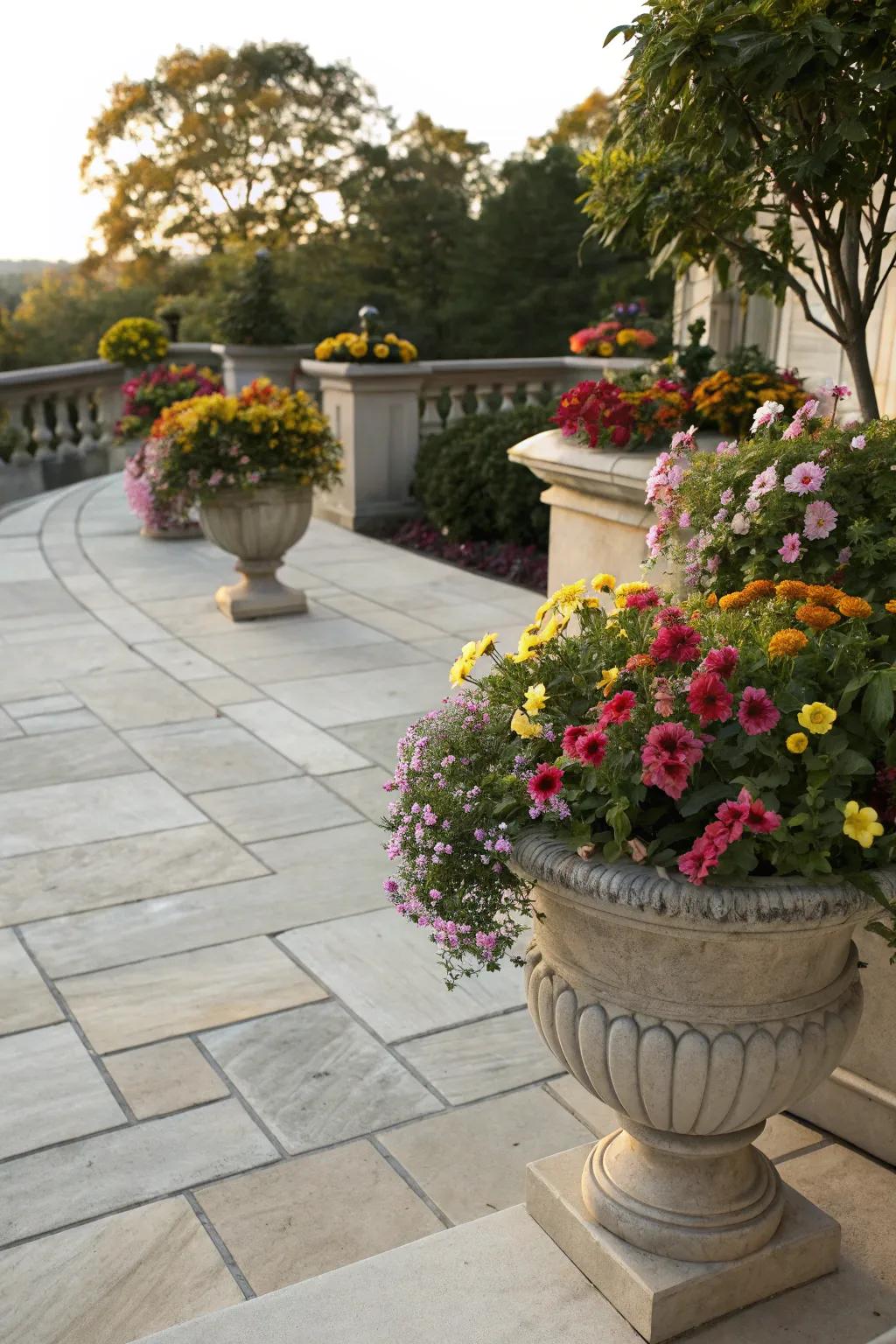 Showy pots with seasonal blooms on a delightful veranda.