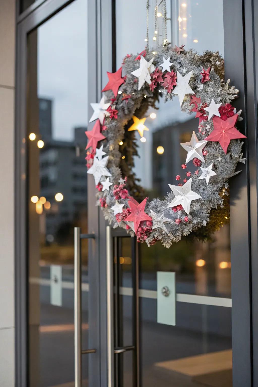 A whimsical wreath with paper stars and sprinkles.