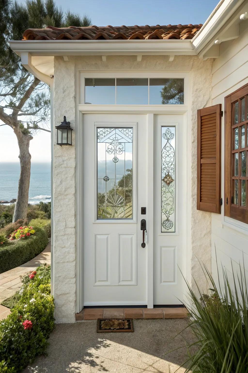 A brilliant white door with patterned glass for a clean and inviting entry.