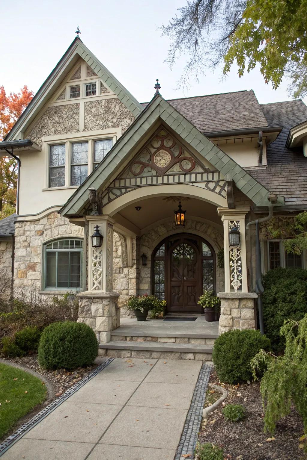 A covered entryway with a gabled roof, offering both protection and style.