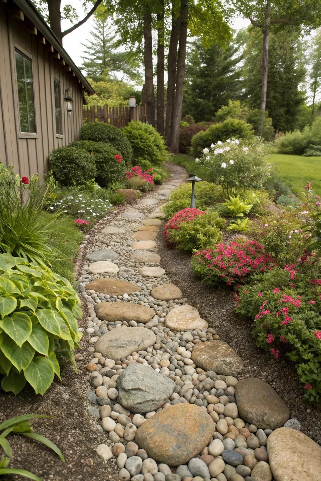 Walkways made of river stone beckon exploration and add charm.