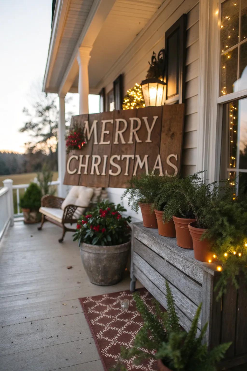 Rustic signs contribute personality and festive charm to your porch.