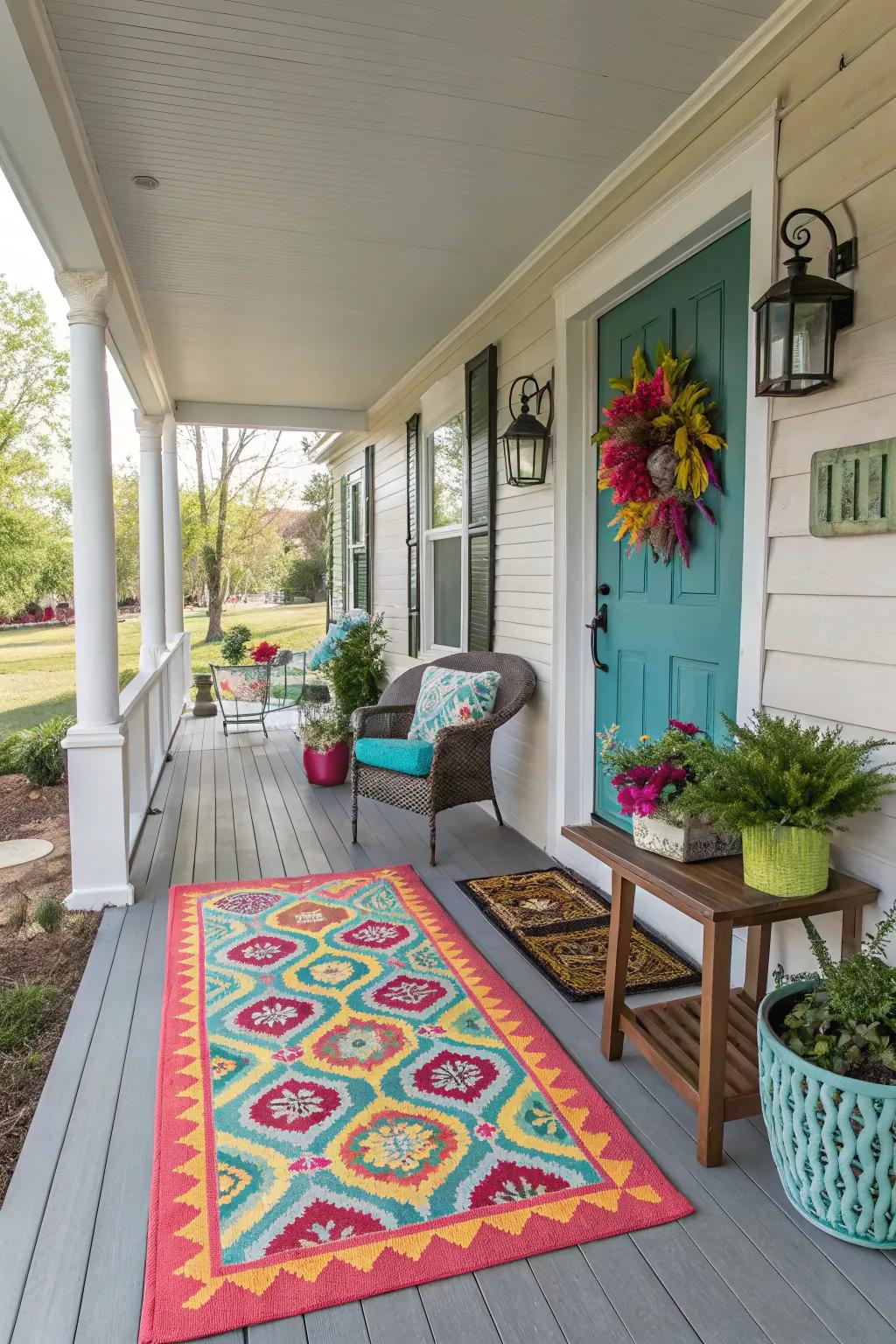 An outdoor rug introduces color and defines the porch setting.