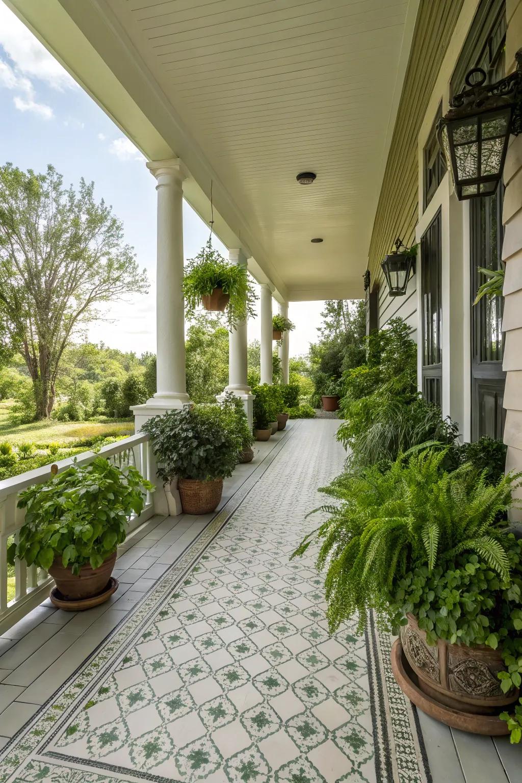 Verdure paired with coverings infuses vitality and vibrancy into your porch.
