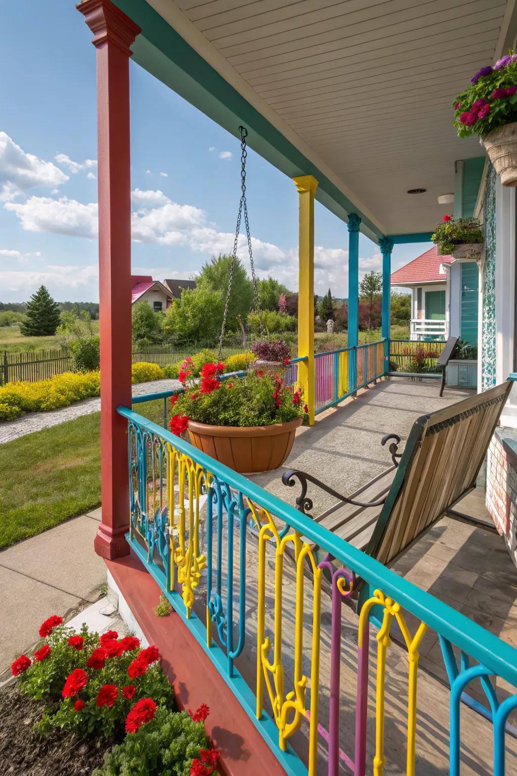 Colorful metal borders that add a bright touch to the porch.